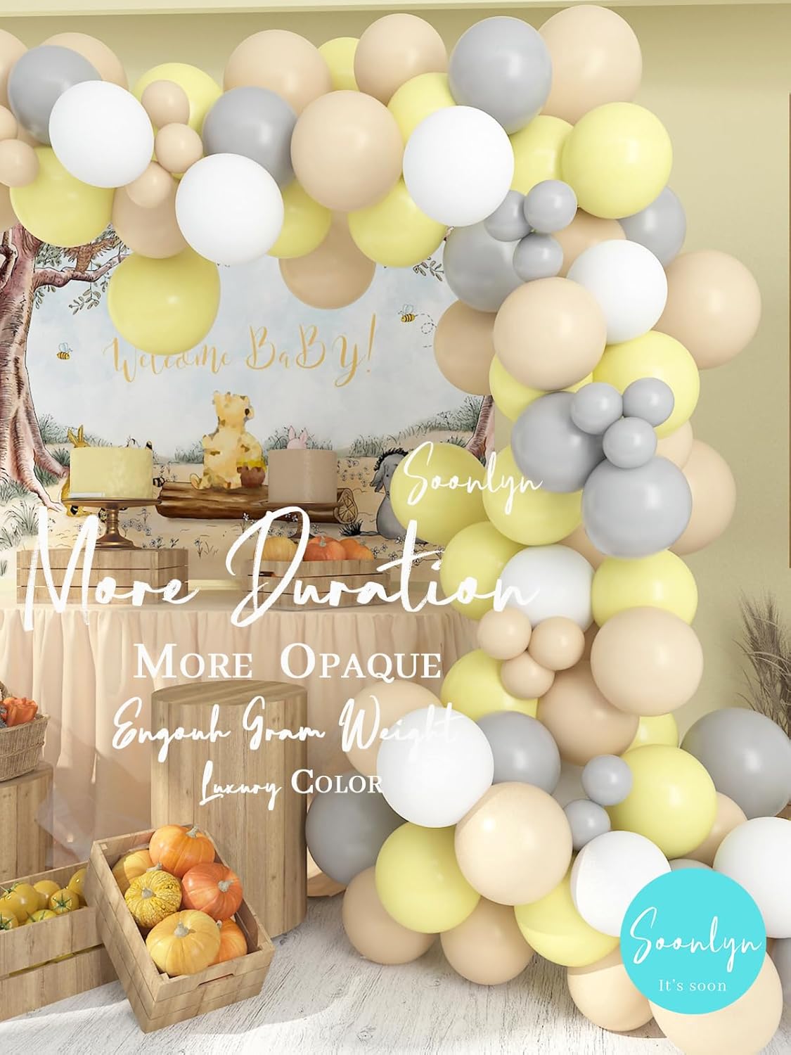 Soonlyn The Pooh – Kit de guirnalda de arco de globos para decoración de baby shower, 9-10 pies, 12 pulgadas, amarillo, nude, gris, blanco, para