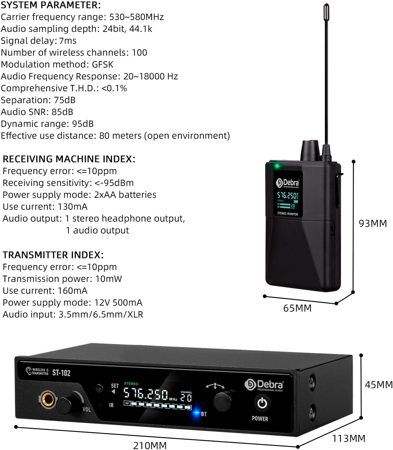 D Debra PRO ST-102 UHF – Sistema de monitor inalámbrico inalámbrico en oído, IEM inalámbrico con carrocerías y auriculares, transmisor y receptor de
