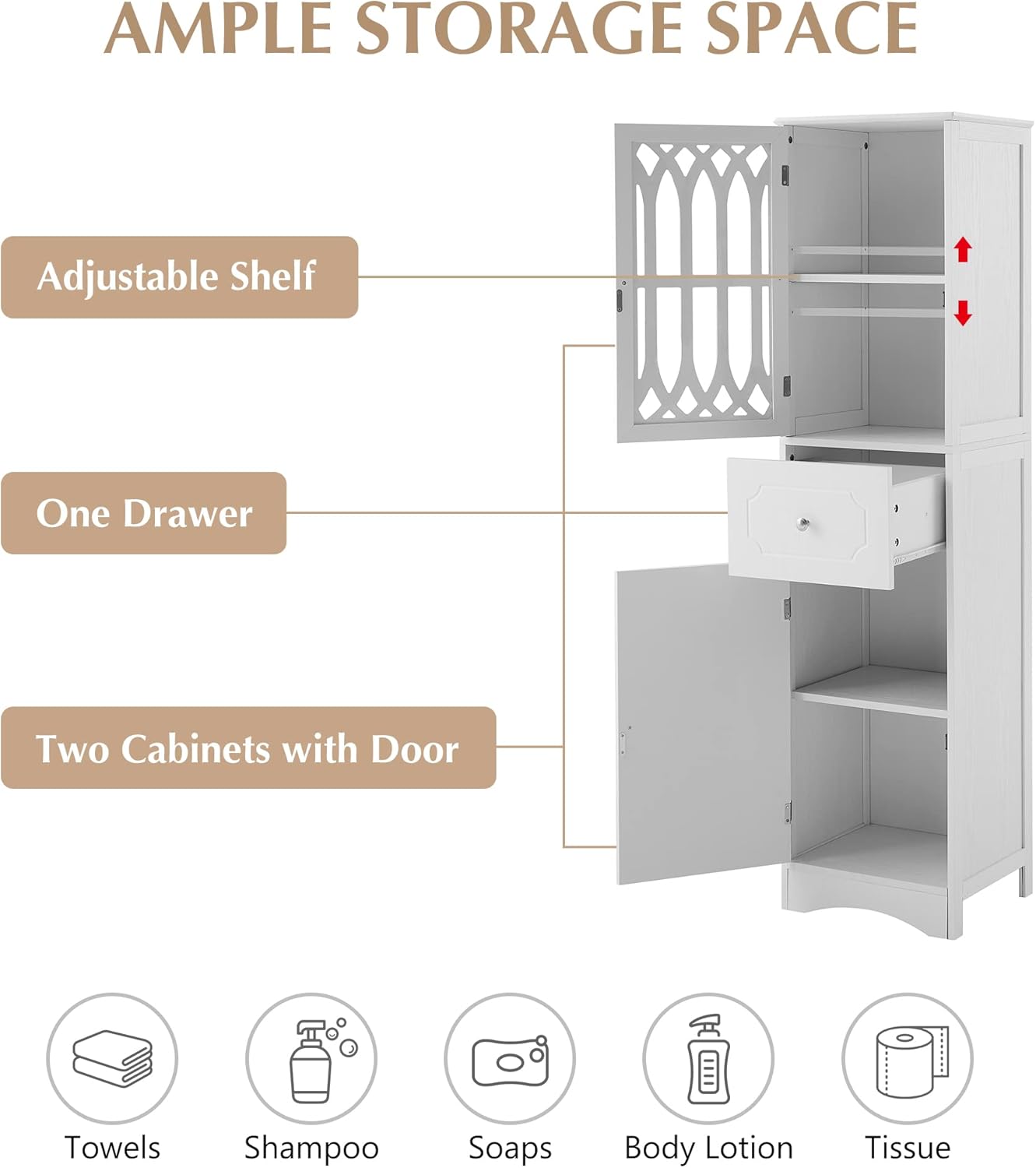 Bellemave Armario de baño, armario de almacenamiento con cajones y puertas, gabinete de piso de baño, armario de despensa de cocina con puertas para