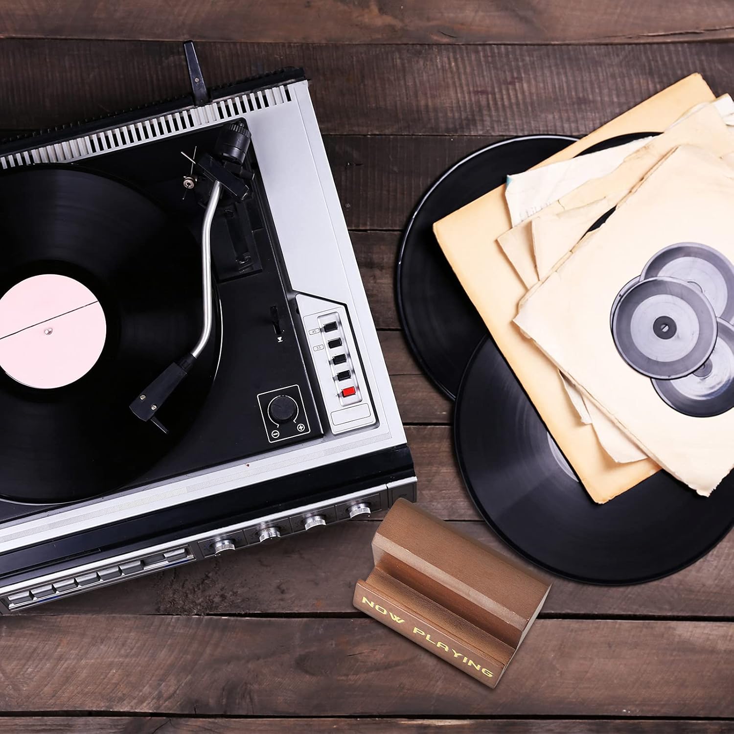 Yalikop Now Playing – Soporte para discos de vinilo, 2 piezas, soporte para discos de vinilo de madera, soporte de almacenamiento de discos