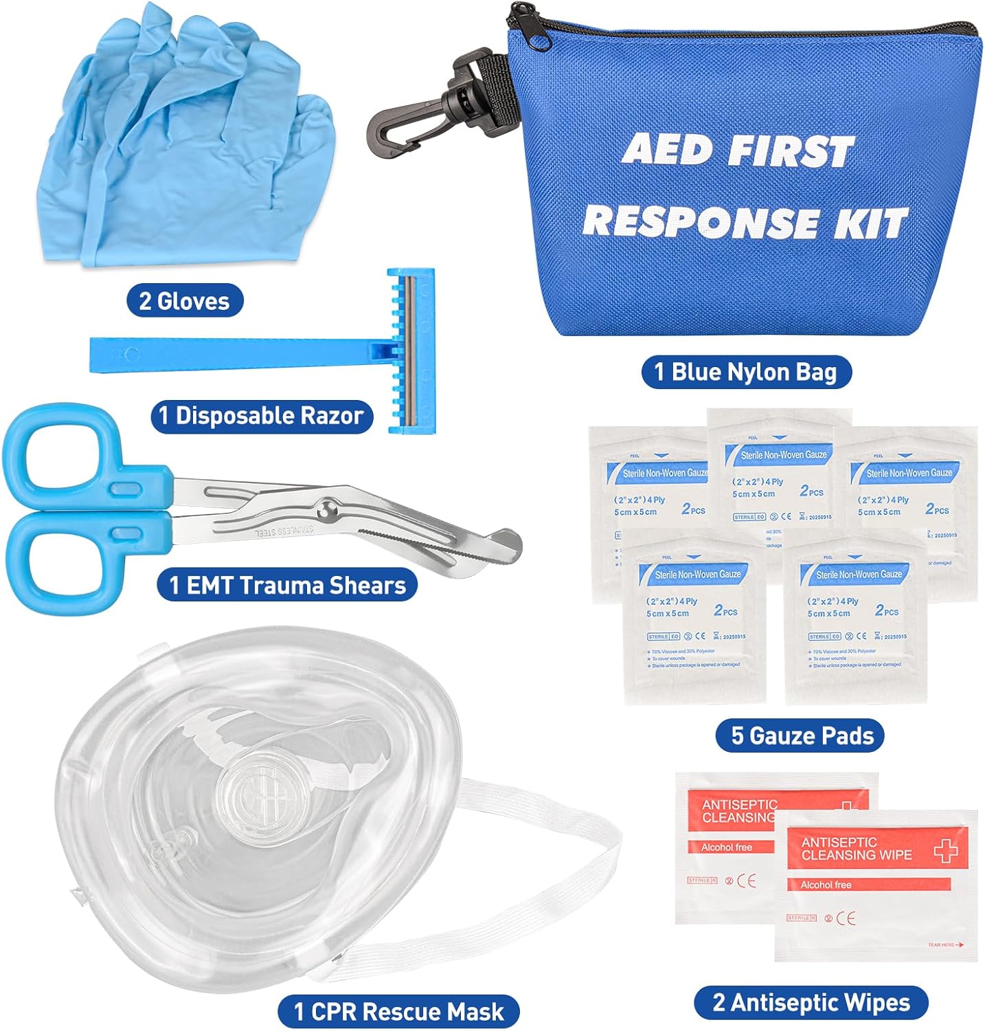 Kit de primeros auxilios AED con máscara de rescate de RCP, maquinilla de afeitar desechable, tijeras de trauma EMT, guantes, almohadillas de gasa,