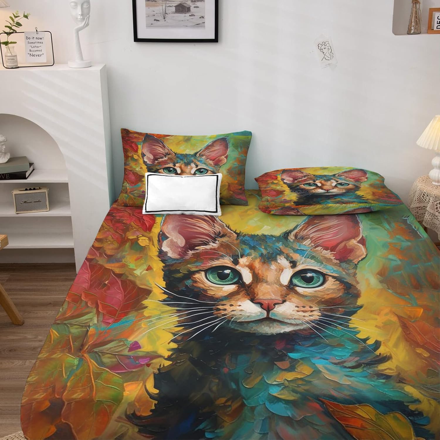 NOGAWA Juego de sábanas para gatos tamaño King dividido, bonitas sábanas y fundas de almohada estampadas, juego de 5 piezas, microfibra suave con