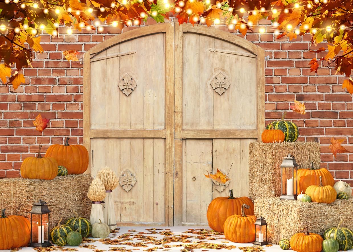 Telón de fondo de otoño de 7 x 5 pies, telón de fondo de Acción de Gracias, otoño, granja, granero, calabaza, cosecha, fotografía, fondo, decoración