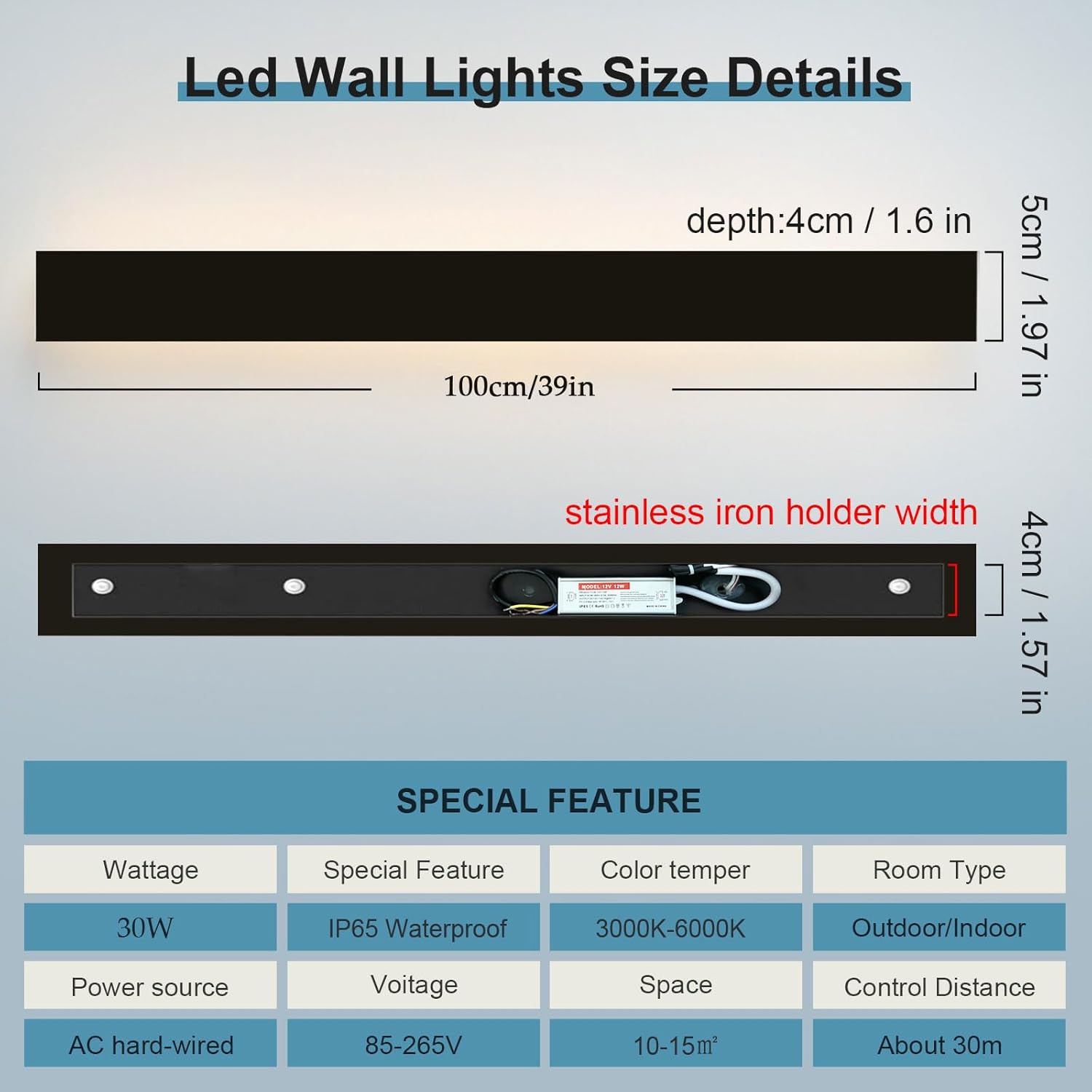 SJIGUANGZ Luces de pared modernas para exteriores de 39 pulgadas, 3000K-6000K, aplique de pared para exteriores regulable con control remoto, IP65