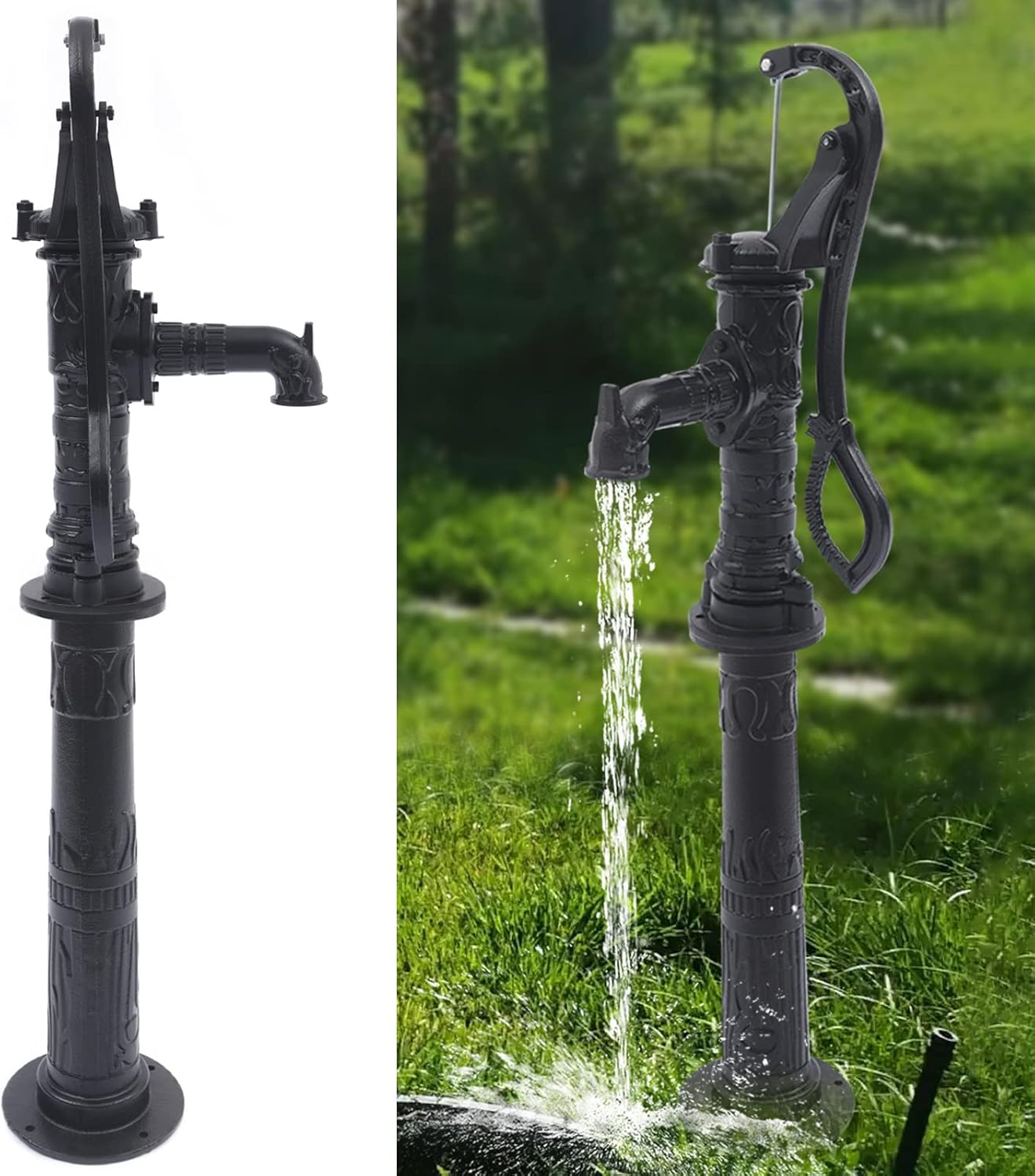 Bomba de agua manual de jardín con base de soporte, bomba de jarra de 2.0 x 6.2 x 26.3 pulgadas y soporte de bomba de 27 pulgadas, bomba de jarra de