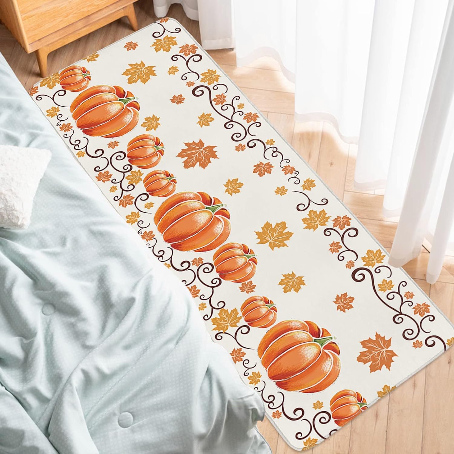 Alfombras de cocina de Acción de Gracias, 2 piezas de hojas de arce y calabaza naranja, antideslizantes, para piso, alfombra de pasillo lavable para