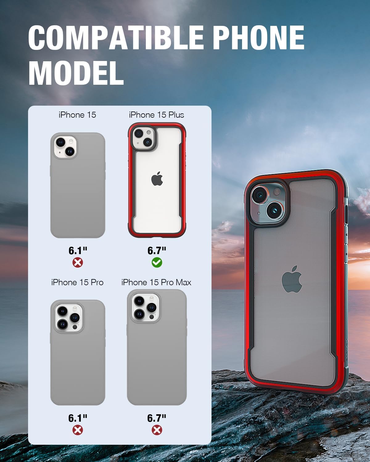 RAPTIC Shield para iPhone 15 Plus, funda protectora transparente a prueba de golpes, grado militar probada para caídas de 10 pies, marco de aluminio