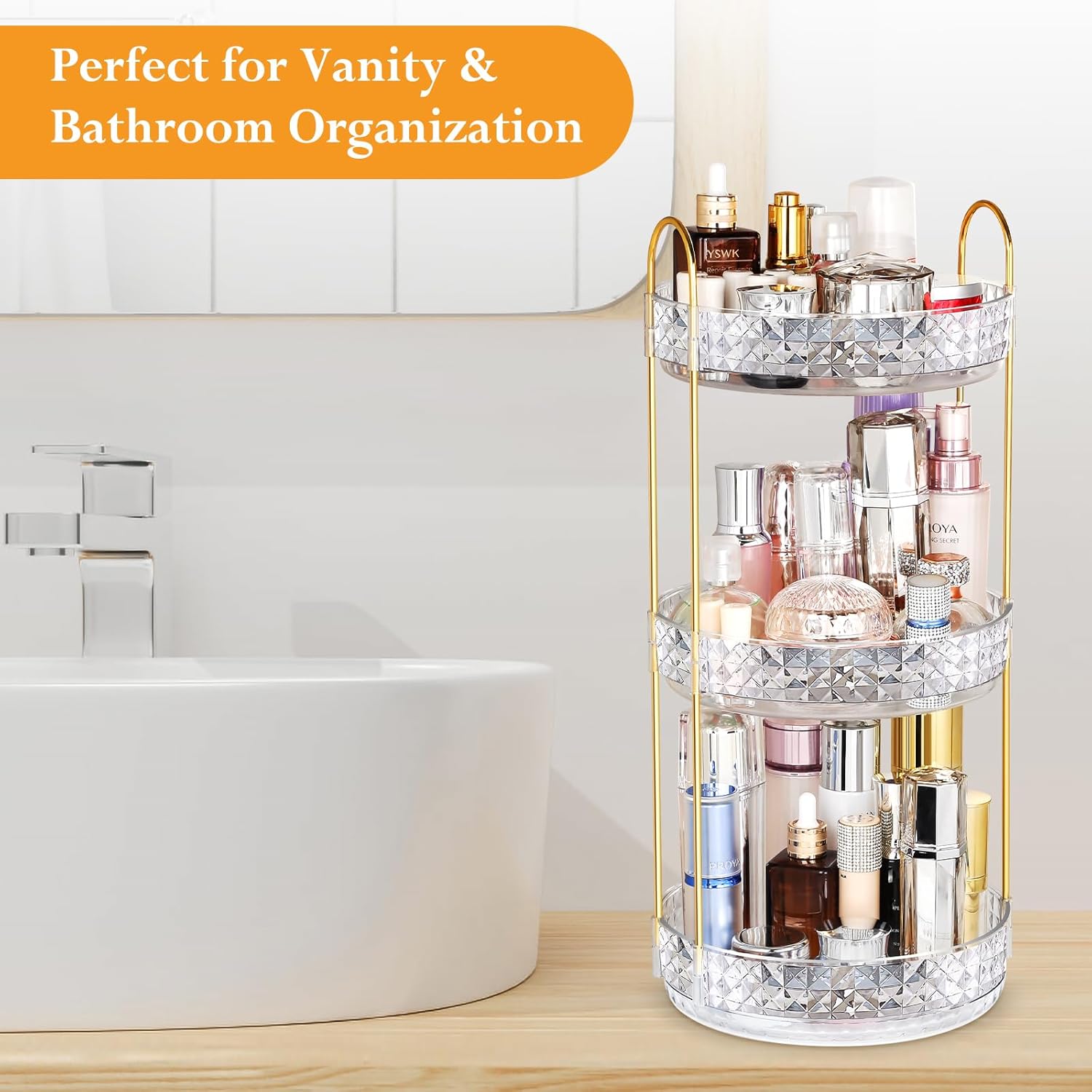 Organizador de maquillaje giratorio de 360 para tocador, organizador de maquillaje de 3 niveles de gran capacidad, organizador de maquillaje,
