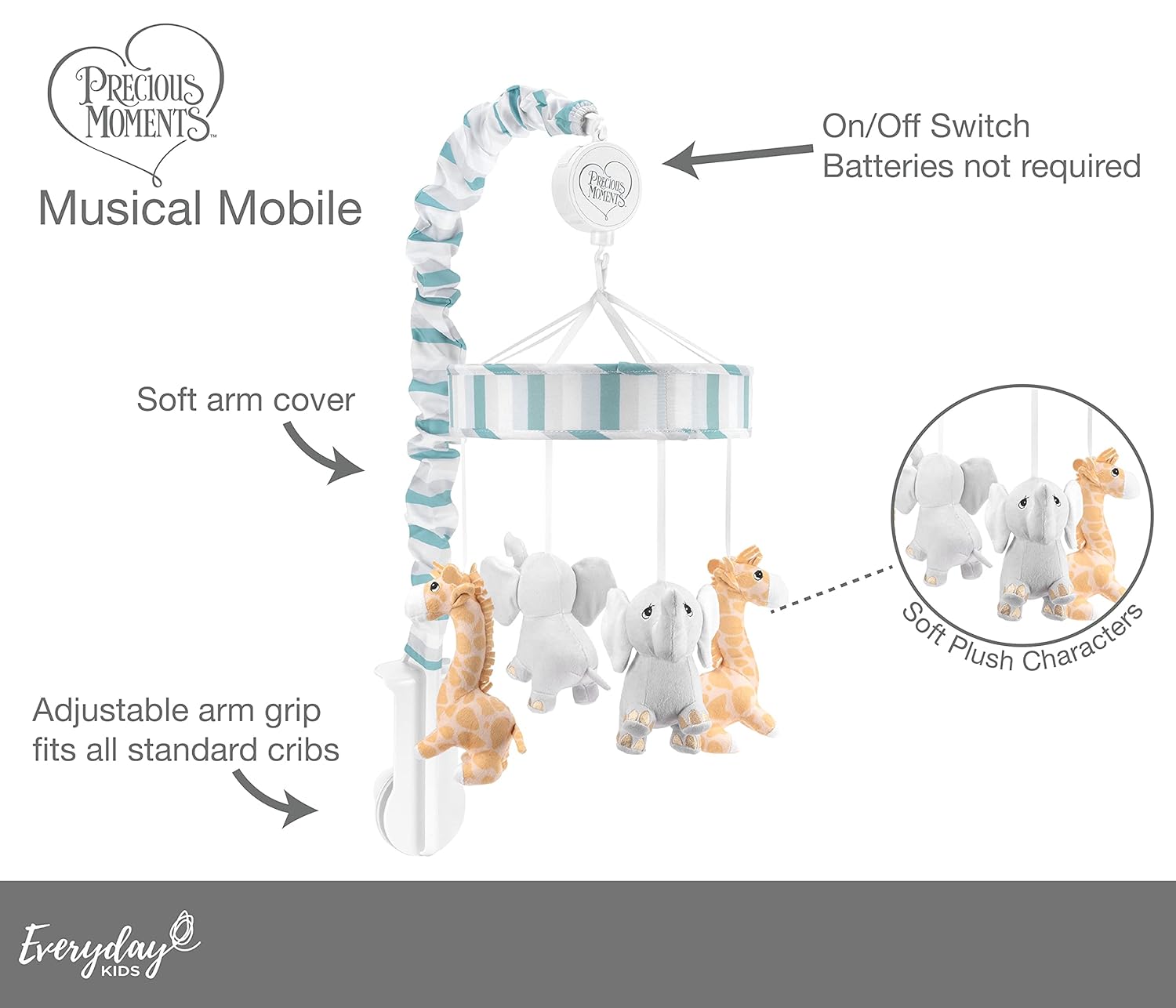 Precious Moments Noah’s Ark – Cuna musical para niños con canción de cuna suave decoración de guardería de safari de elefante y jirafa juguete de