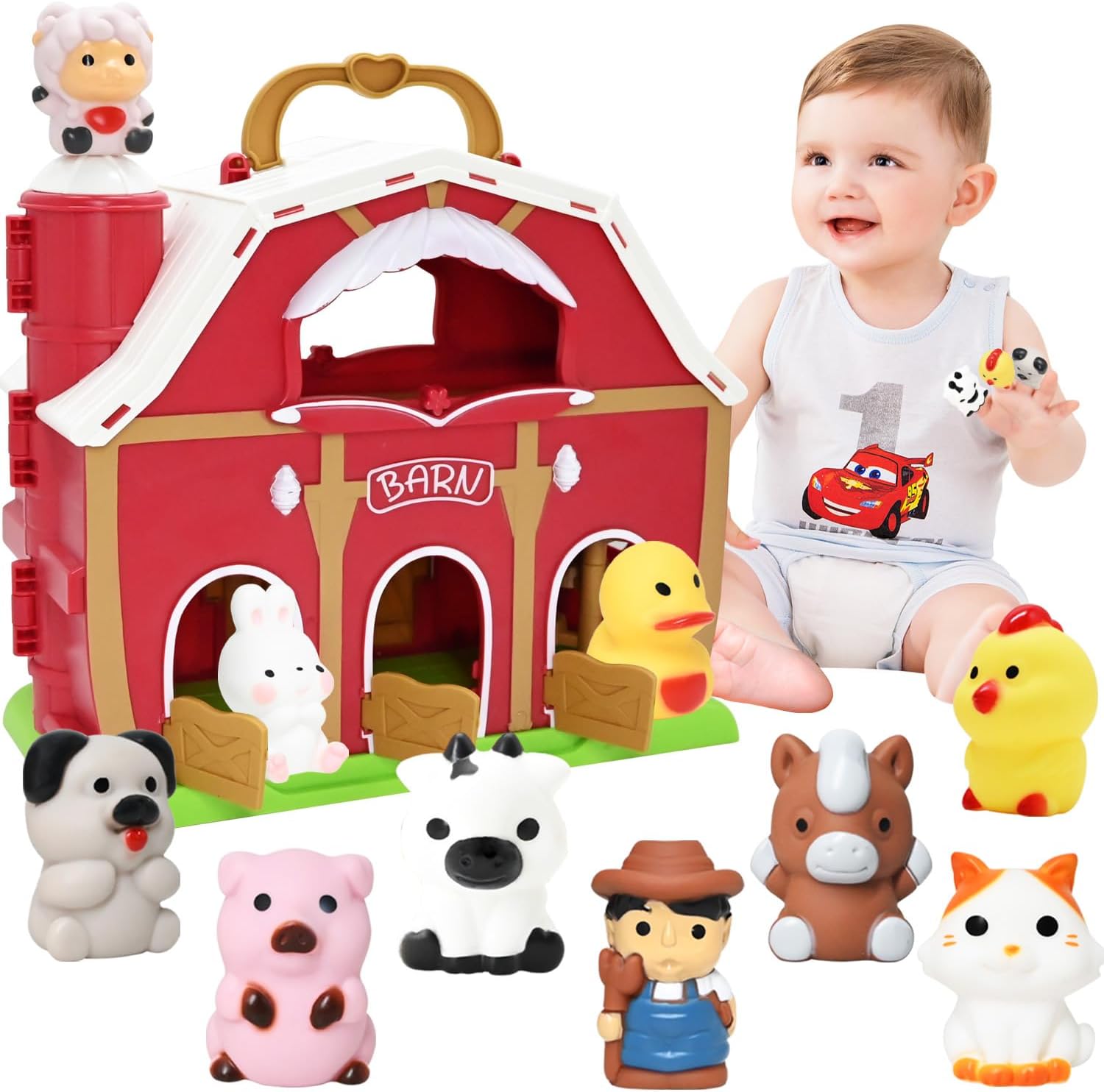 WODMAZ Juguetes grandes de granero rojo para niños y niñas de 1, 2 y 3 años, juguete de aprendizaje Montessori preescolar, juego de granja con