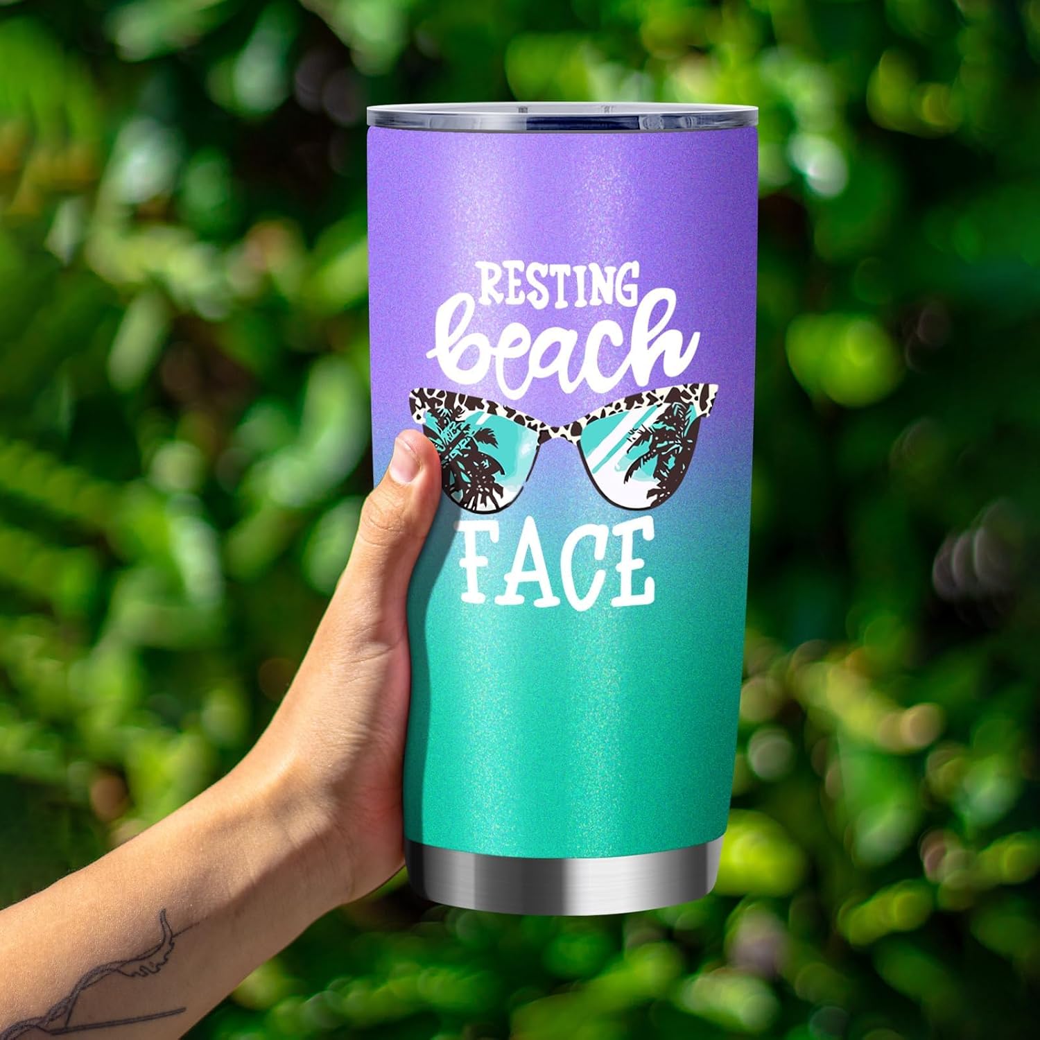 Vasos aislados de 20 onzas con tapa y pajilla, cara de playa en reposo, doble pared, acero inoxidable, vaso de vino al vacío, para café, vino, taza