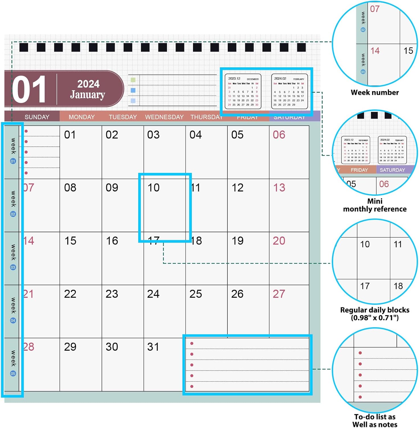 Calendario de escritorio pequeño 2024, funciona desde ahora hasta diciembre de 2024, calendario de escritorio con tapa de pie, anillo de metal,