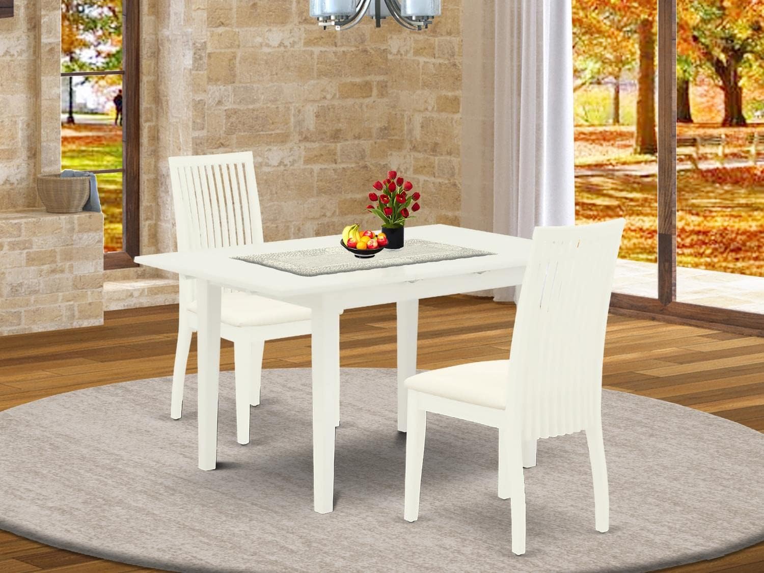 East West Furniture NOIP3-LWH-C – Juego de cocina de 3 piezas que contiene una mesa rectangular con hojas de mariposa y 2 sillas de comedor de tela