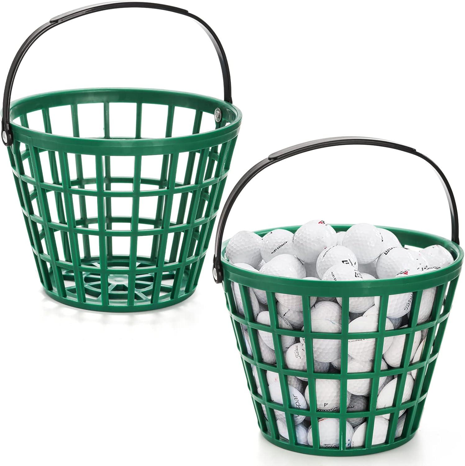 Bekith Paquete de 2 cestas de plástico para pelotas de golf, cubo con asa, capacidad para 50 bolas, color verde