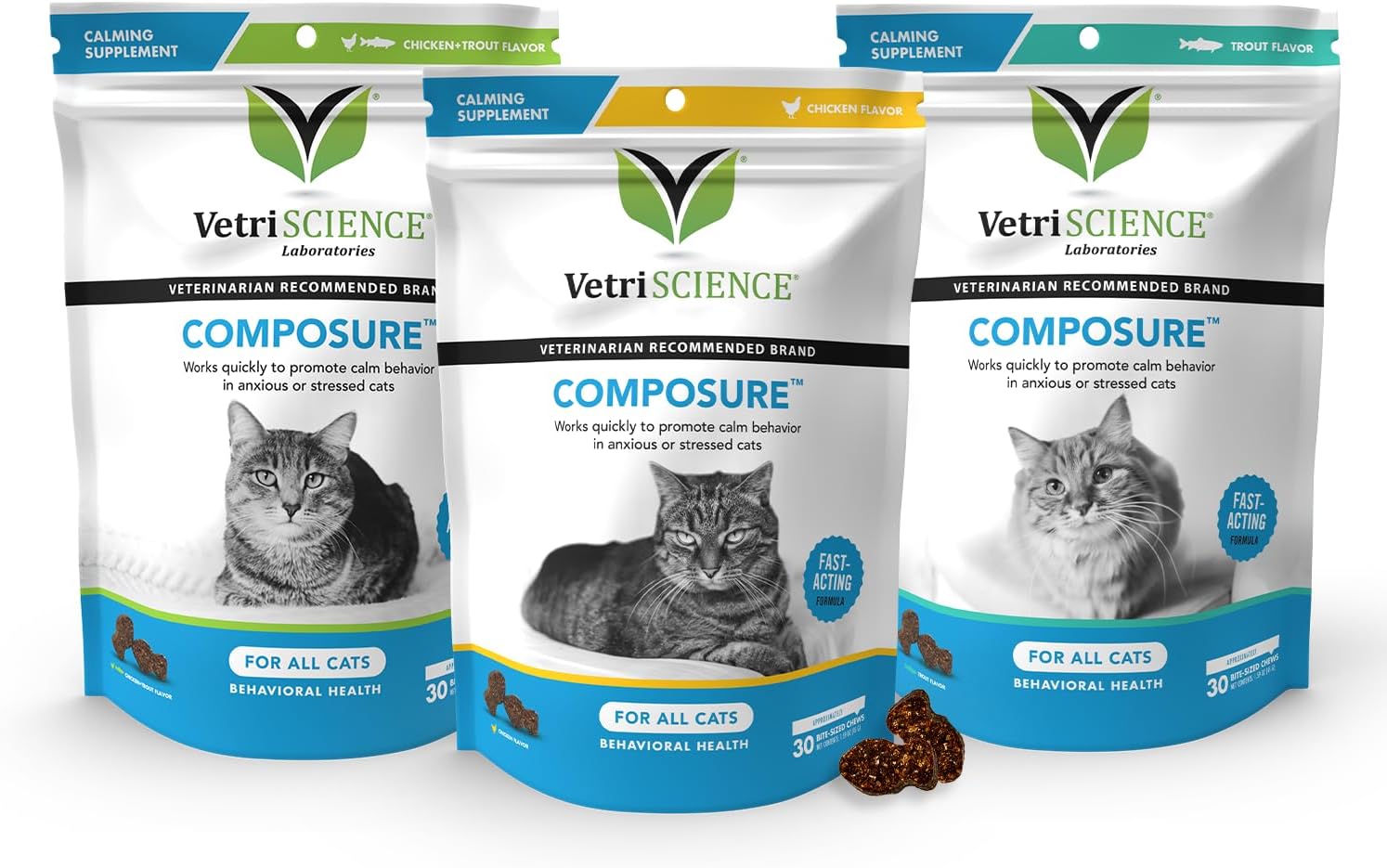VETRISCIENCE Composure – Golosinas calmantes para gatos  Ayuda a reducir el estrés y la ansiedad en gatos domésticos  Ideal para paseos en coche,