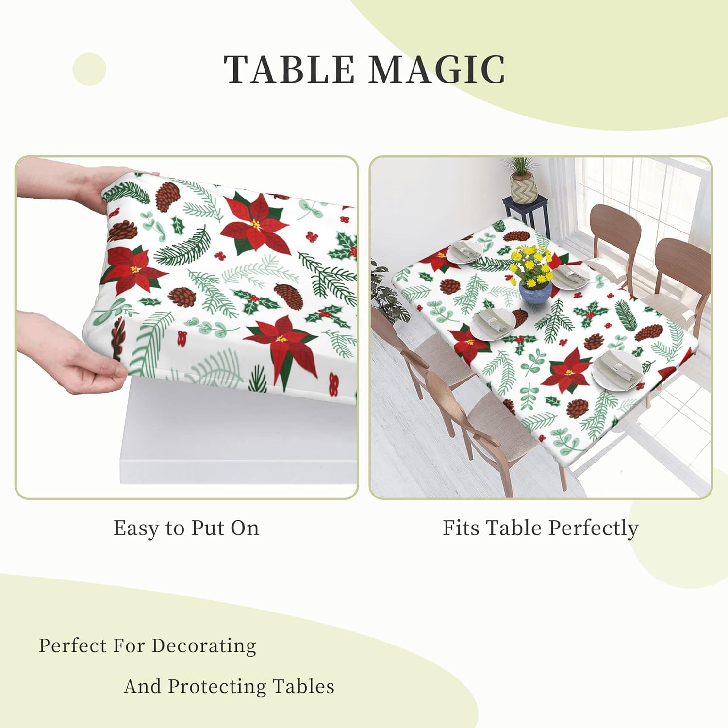 QALFKAD Manteles ajustables de Navidad rectangulares de 5 pies, diseño de flores de invierno, bayas y ramitas con borde elástico, mantel