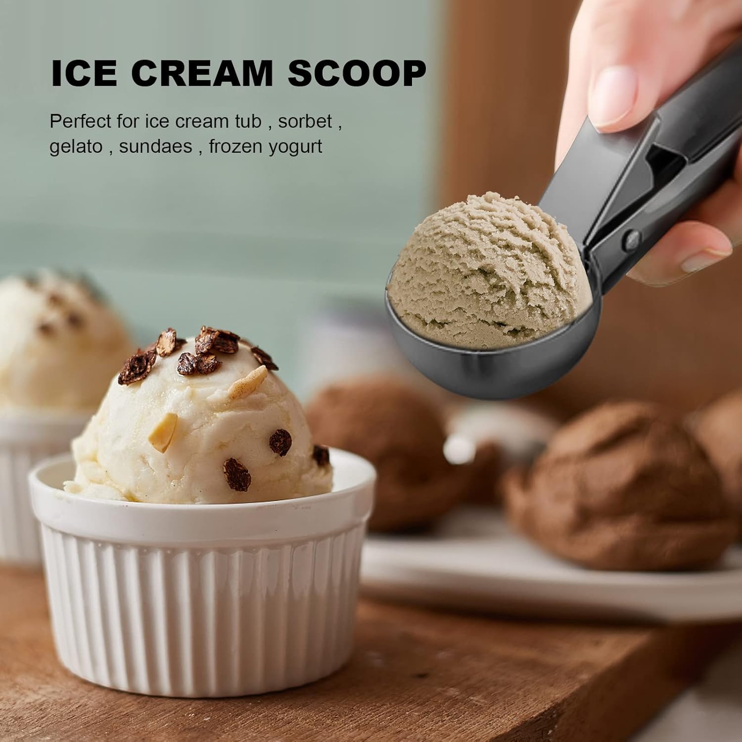 Cuchara de helado de acero inoxidable con cucharas de helado con gatillo, perfecta para yogur congelado, gelatos, helados (negro)