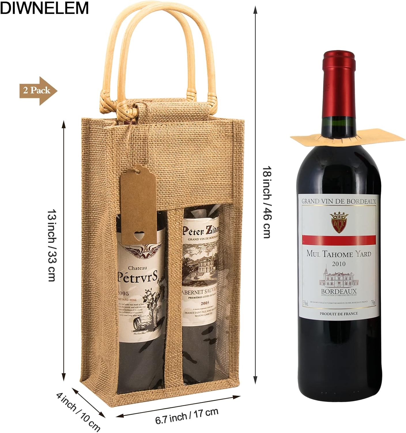 DIWNELEM Paquete de 2 bolsas de regalo de vino de arpillera con ventana, bolsas de vino de yute con calcomanías, bolsas de arpillera para botellas