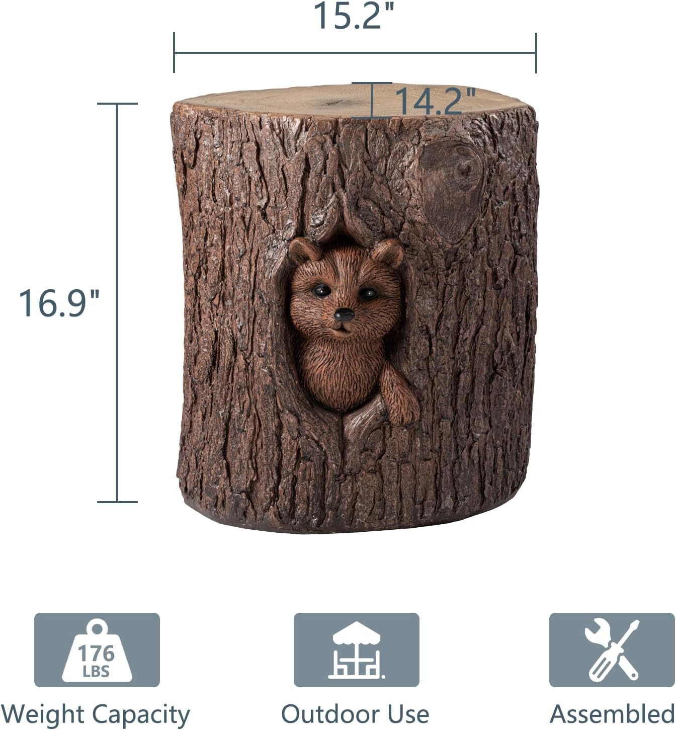 COSIEST Mesa auxiliar para exteriores, madera sintética, taburete de madera pintada a mano con mapache esculpido, mesa decorativa al aire libre,
