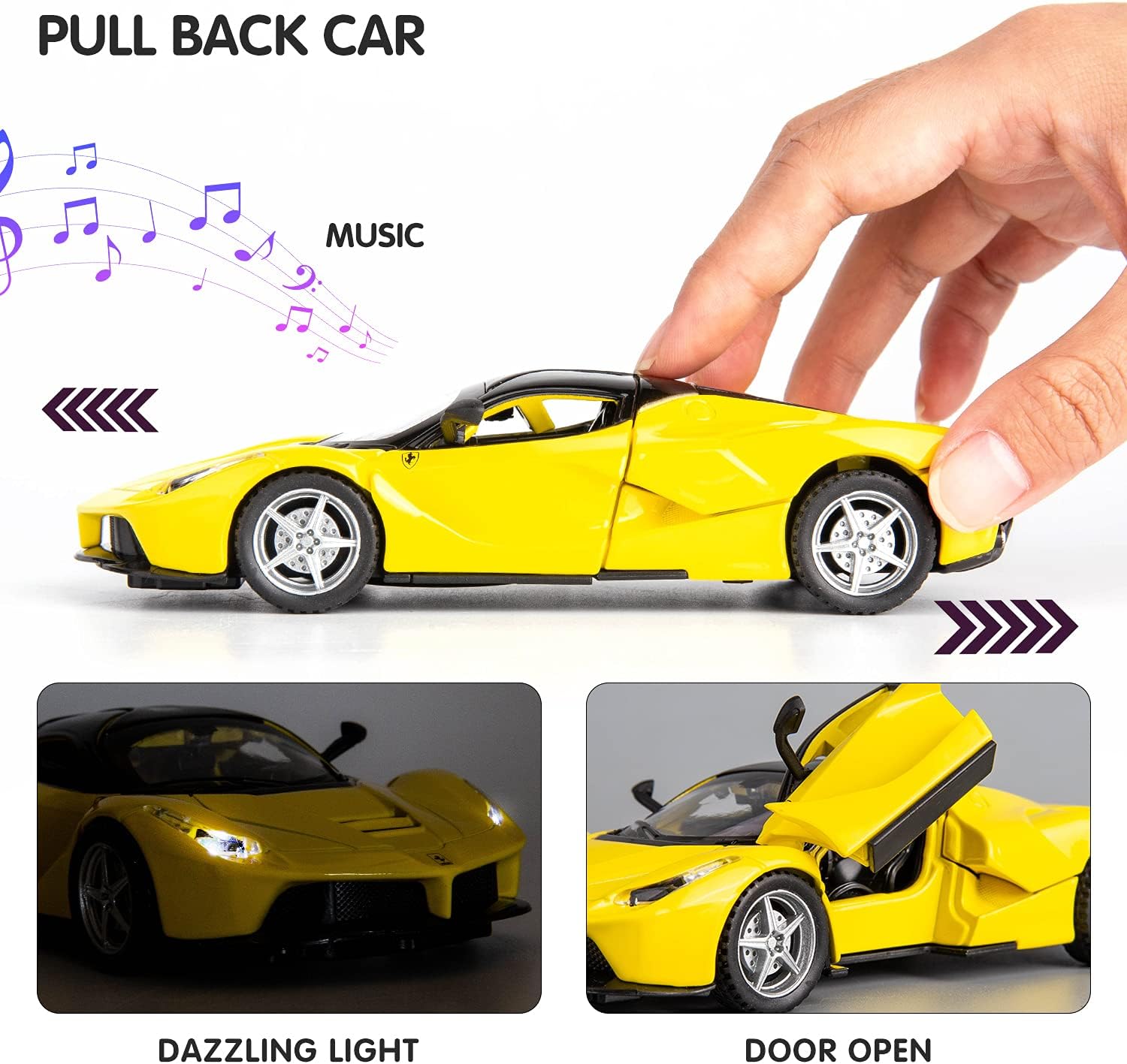 BDTCTK Compatible con el modelo de automóvil Ferrari 132 con sonido y luz para niños y niñas, juguete para puerta de cuerpo de metal, color amarillo