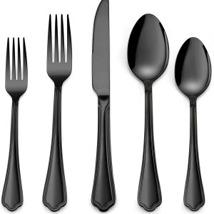 Herogo Juego de cubiertos negros de 30 piezas con borde festoneado, juego de cubiertos de acero inoxidable para 6, moderno juego de vajilla para Herogo Juego de cubiertos negros de 30 piezas con borde festoneado, juego de cubiertos de acero inoxidable para 6, moderno juego de vajilla para