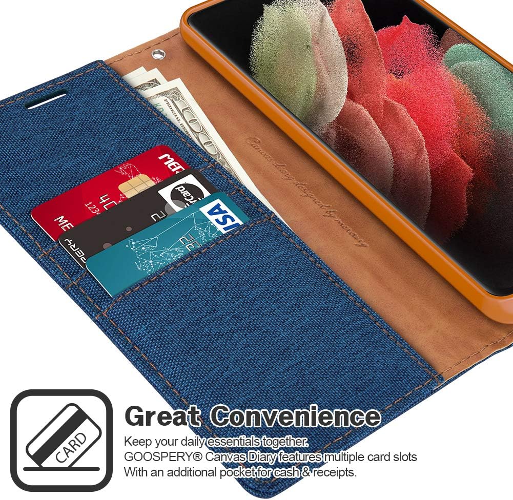 GOOSPERY Funda de lona para Galaxy S21 Ultra 0.18 oz, 3 ranuras para tarjetas, 1 bolsillo lateral, función de pie, 8 colores, protector de pantalla