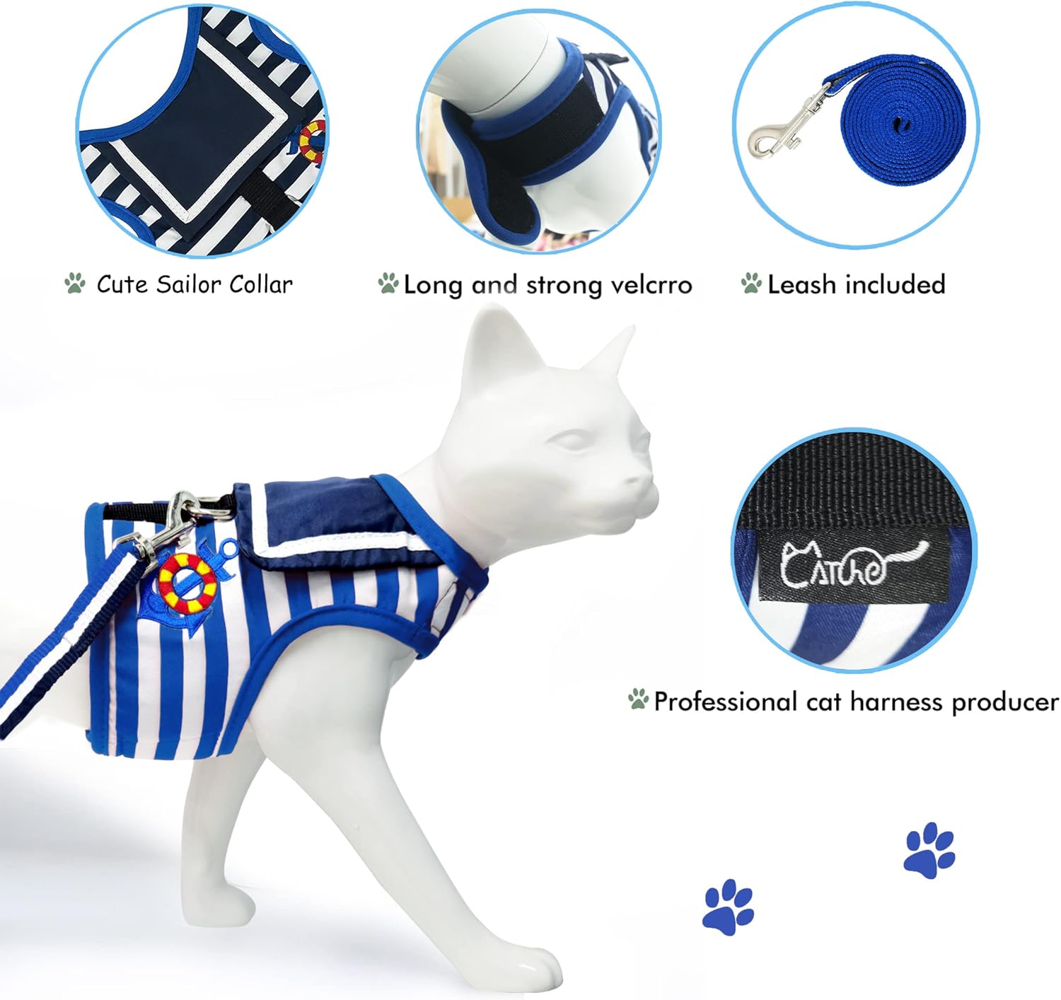 Arnés de gato con correa, ajustable para gatos, chaleco acolchado para gatos, Traje marinero azul marino
