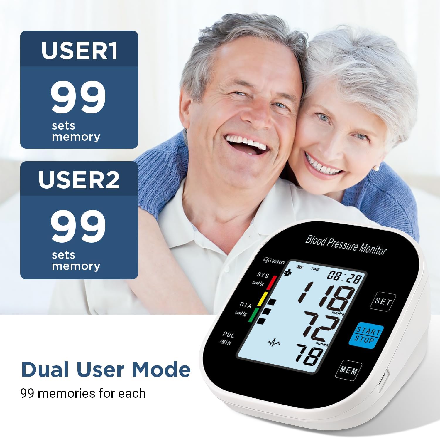 laukum Monitor de presión arterial para uso doméstico máquina automática de presión arterial con gran pantalla retroiluminada, alta precisión para 2