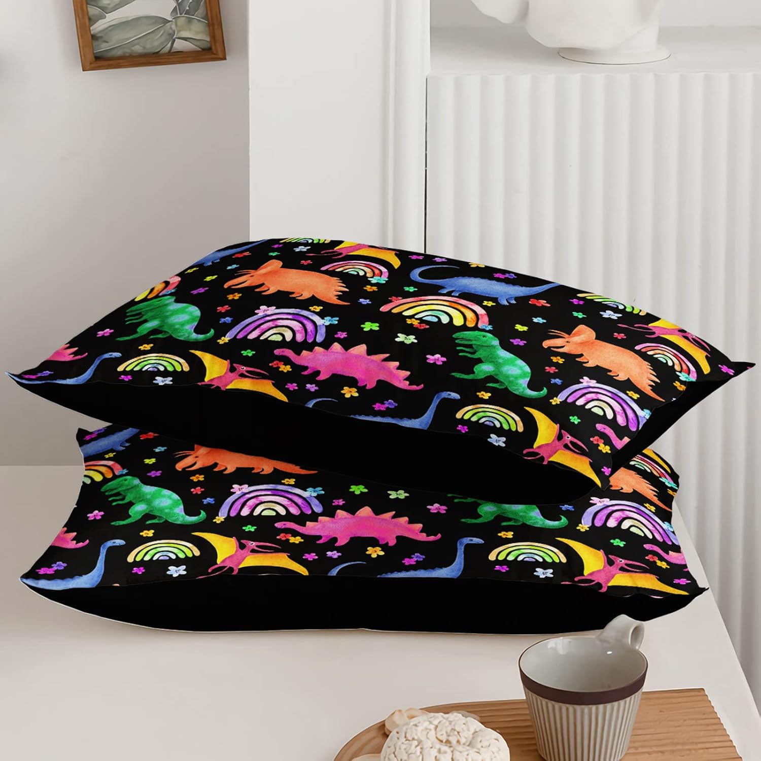 Juego de edredón de dinosaurio arcoíris para niños, colorido juego de ropa de cama para niños, edredón de dinosaurio de dibujos animados con flores