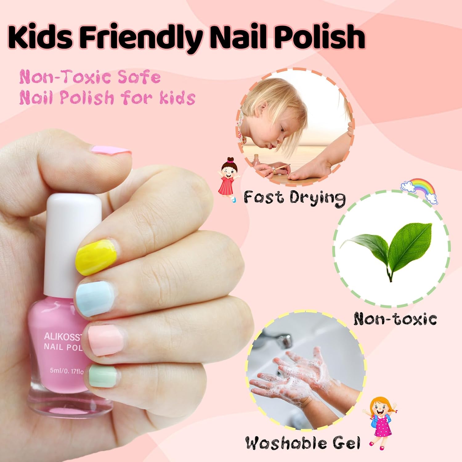 Esmalte de uñas para niños, juego de esmaltes de uñas no tóxicos, de secado rápido, para niñas, 10 colores arcoíris que se despegan a base de agua,