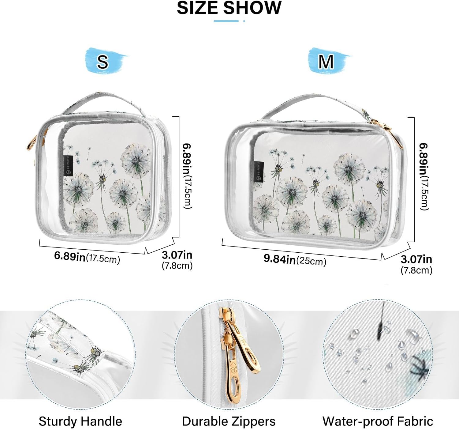 ZOEO Estuche de viaje transparente, paquete de 2 bolsas de maquillaje, dientes de león, flores, neceser, cosméticos, portátil, organizador portátil