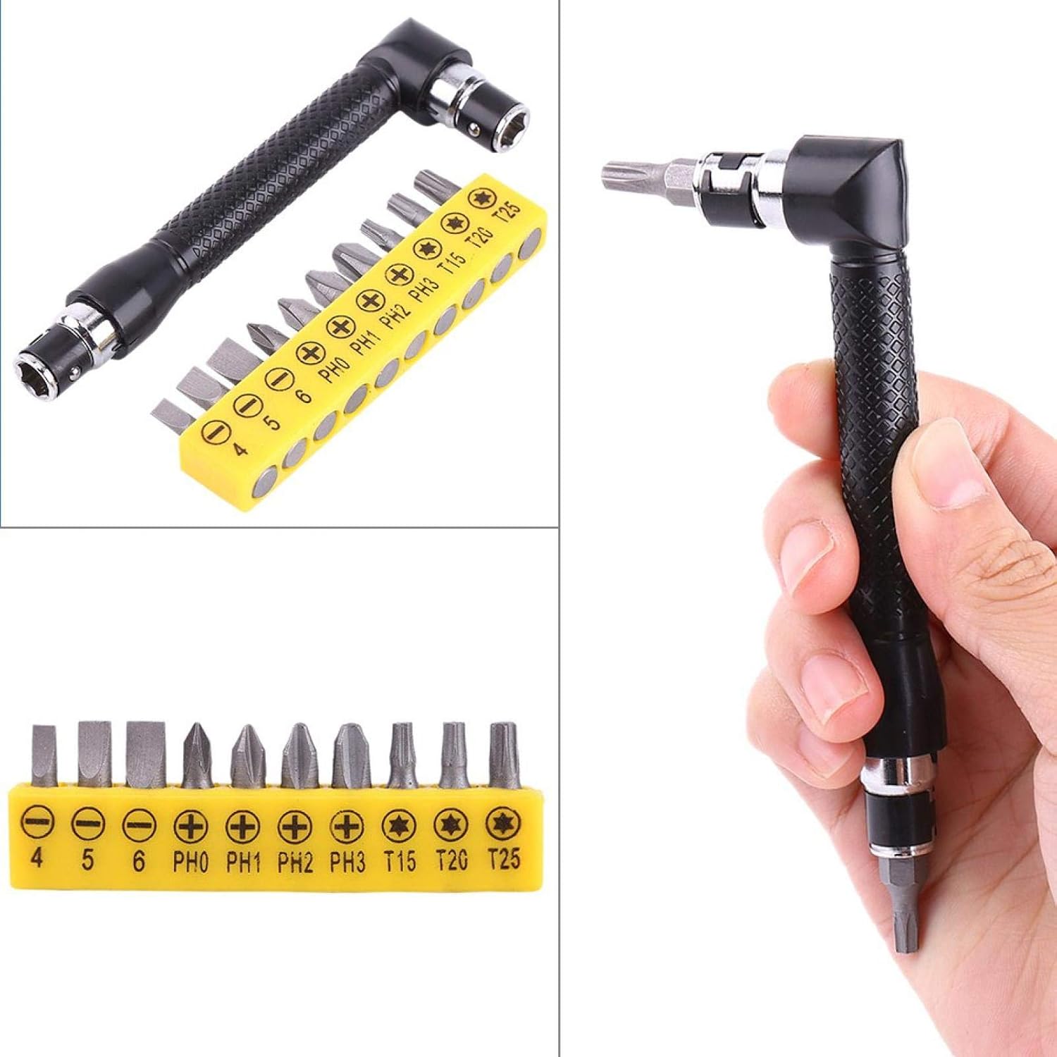 Mango de extensión en forma de L de doble cabeza hexagonal destornillador con 10 puntas de destornillador, 14 de pulgada de doble cabeza hexagonal