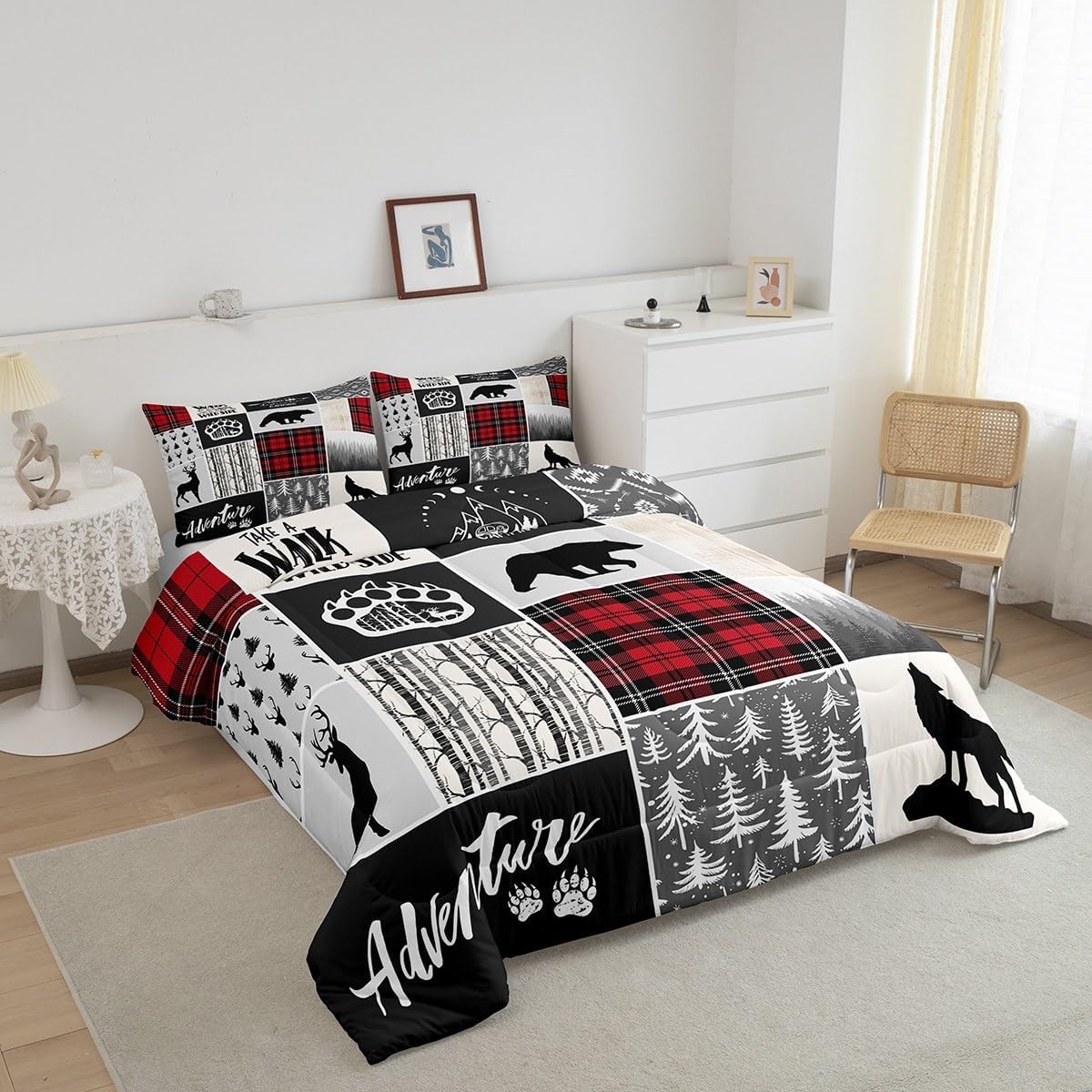Juego de edredón de ciervos y cuernos de ciervo, juego de ropa de cama de Navidad con patas de oso y pinos para decoración de habitación de niños,