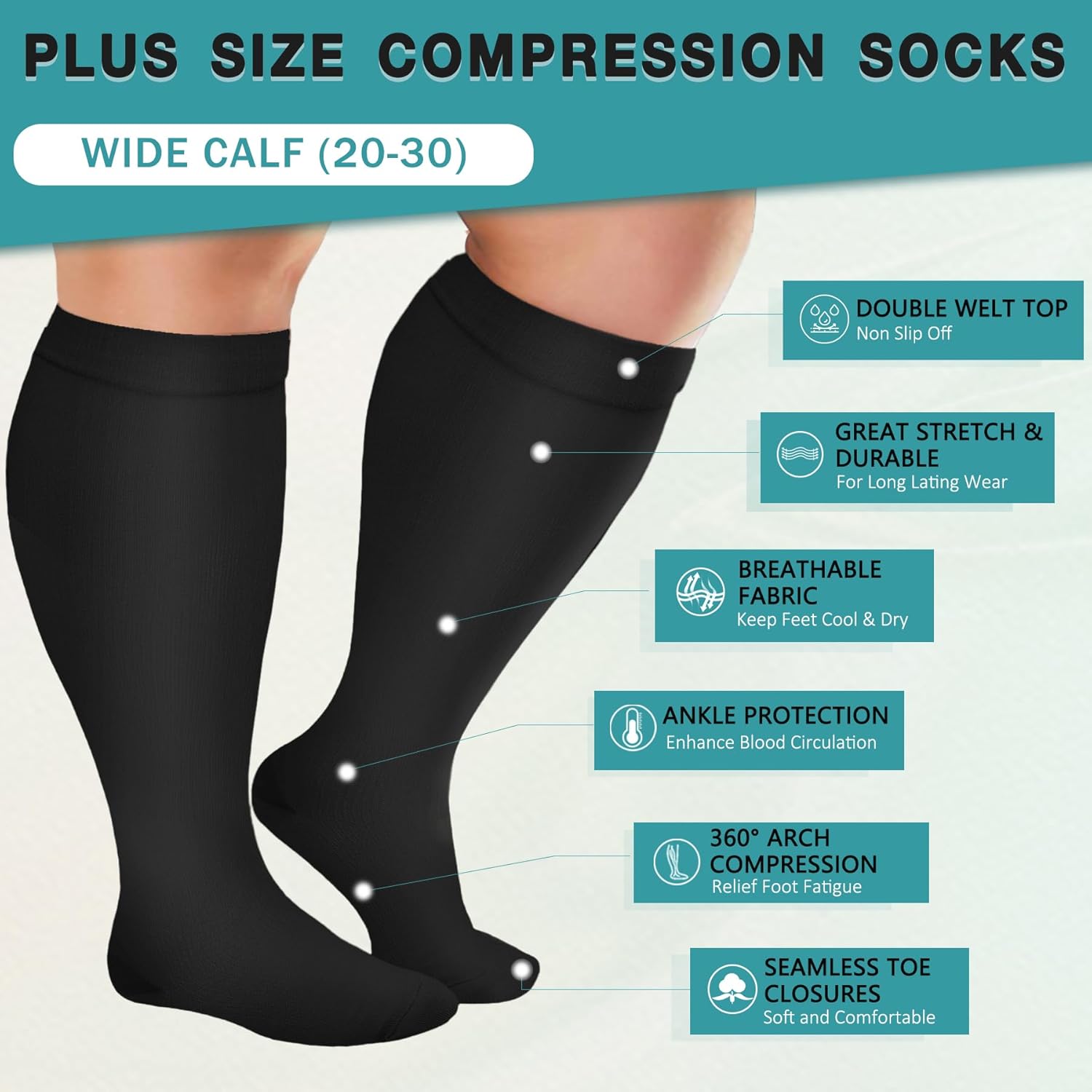 Iseasoo Calcetines de compresión de talla grande para hombres y mujeres, 3 pares de medias de compresión de pantorrilla ancha para circulación,