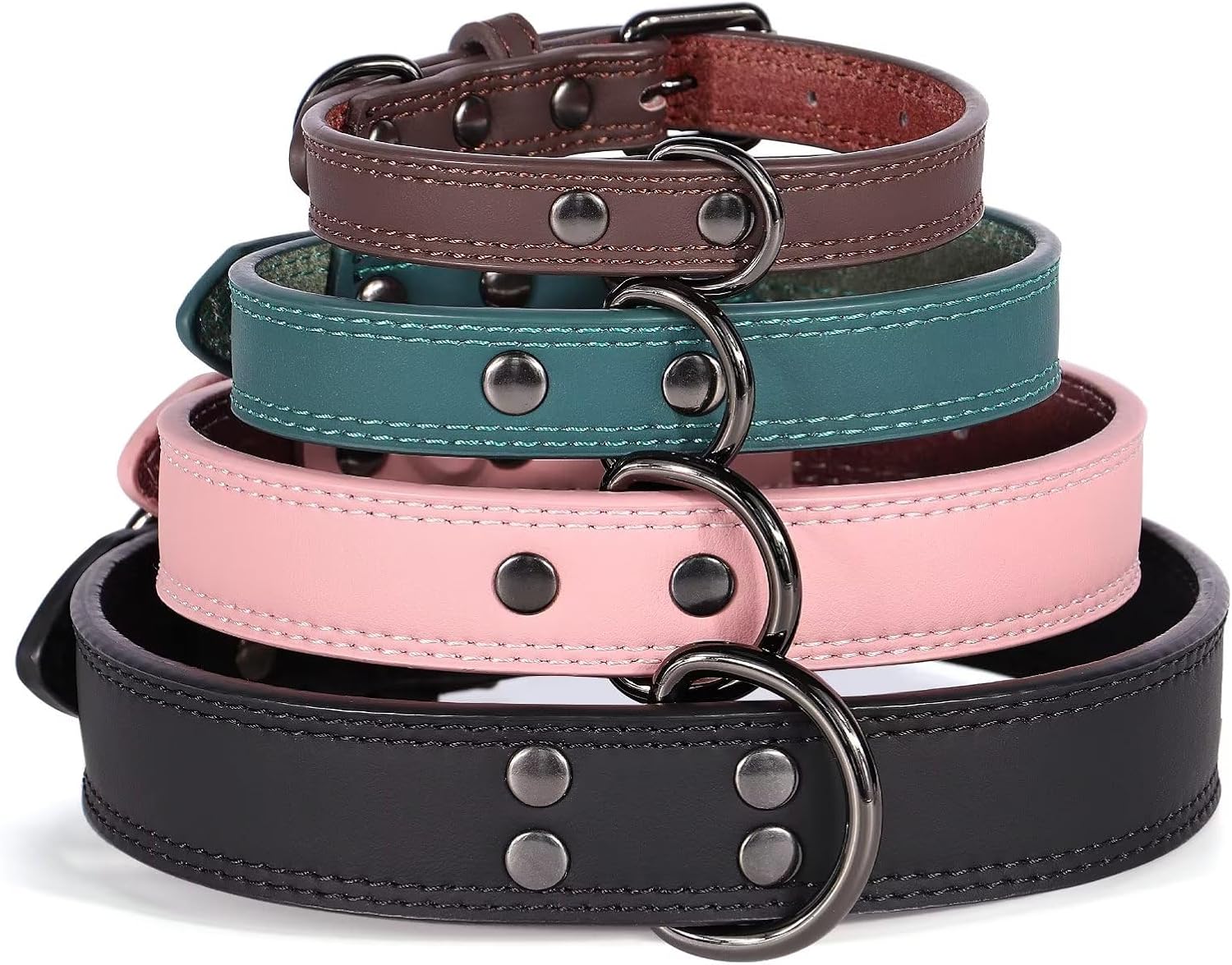 Didog Collar de perro de cuero genuino, duradero y suave, resistente con anillos dobles en D, collar de perro negro ajustable con hebilla de metal