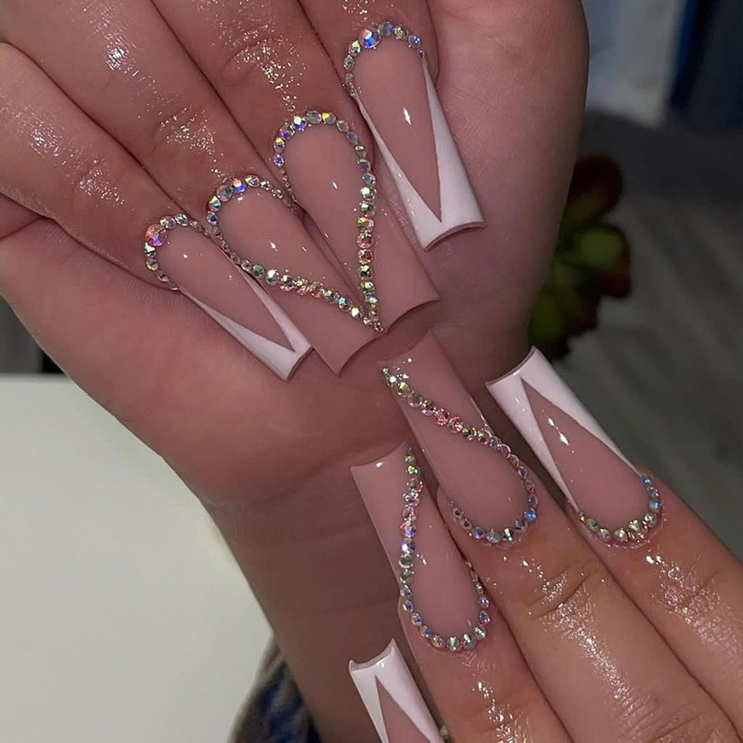 Uñas largas a presión, uñas postizas cuadradas, uñas acrílicas de cobertura completa con diamantes de imitación, uñas artificiales rosa claro con