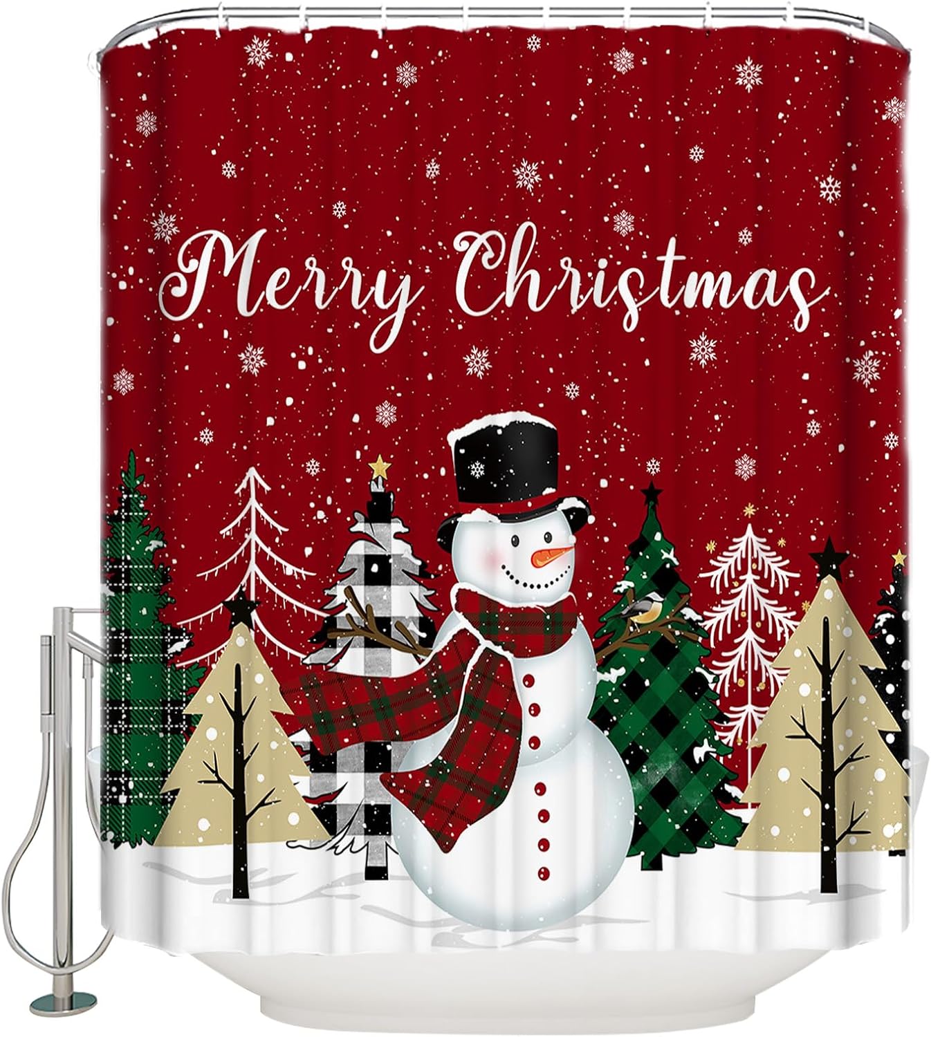 Cortina de ducha de Navidad con muñeco de nieve rojo, verde y negro a cuadros, cortinas de ducha para bañobañera, juego de cortina de ducha de tela