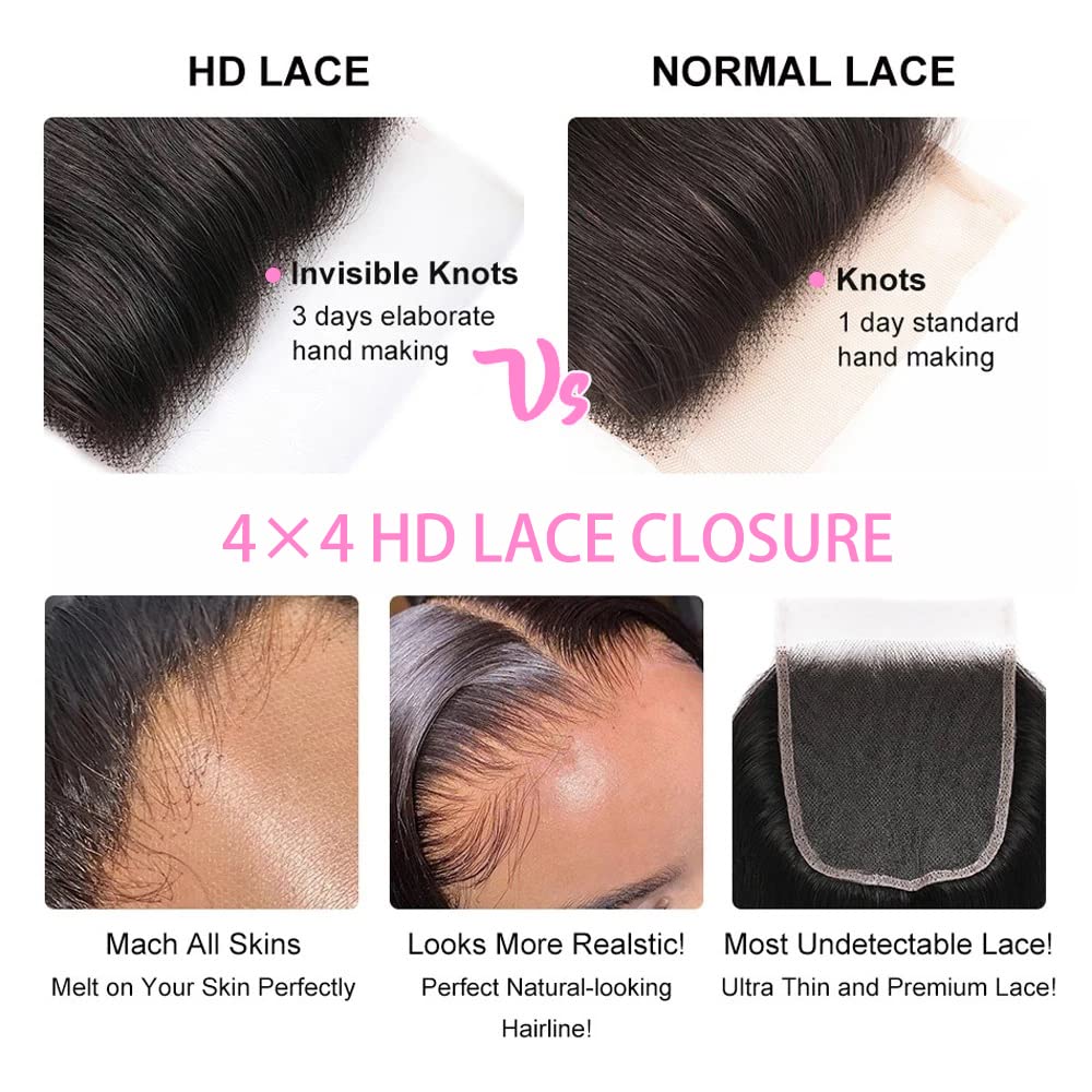 Cierre de cabello humano ondulado con parte libre 4 × 4, cierre de encaje transparente suizo 100% sin procesar, cabello humano brasileño ondulado,