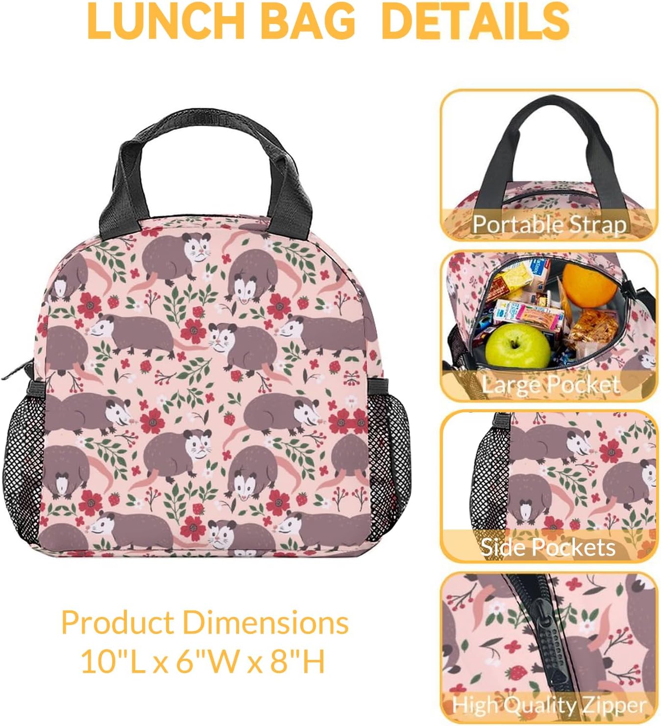 COOPASIA Possum – Lonchera para niños, lonchera aislada para niñas y niños, color rosa, reutilizable, pequeña con bolsillos, bolsa de almuerzo para