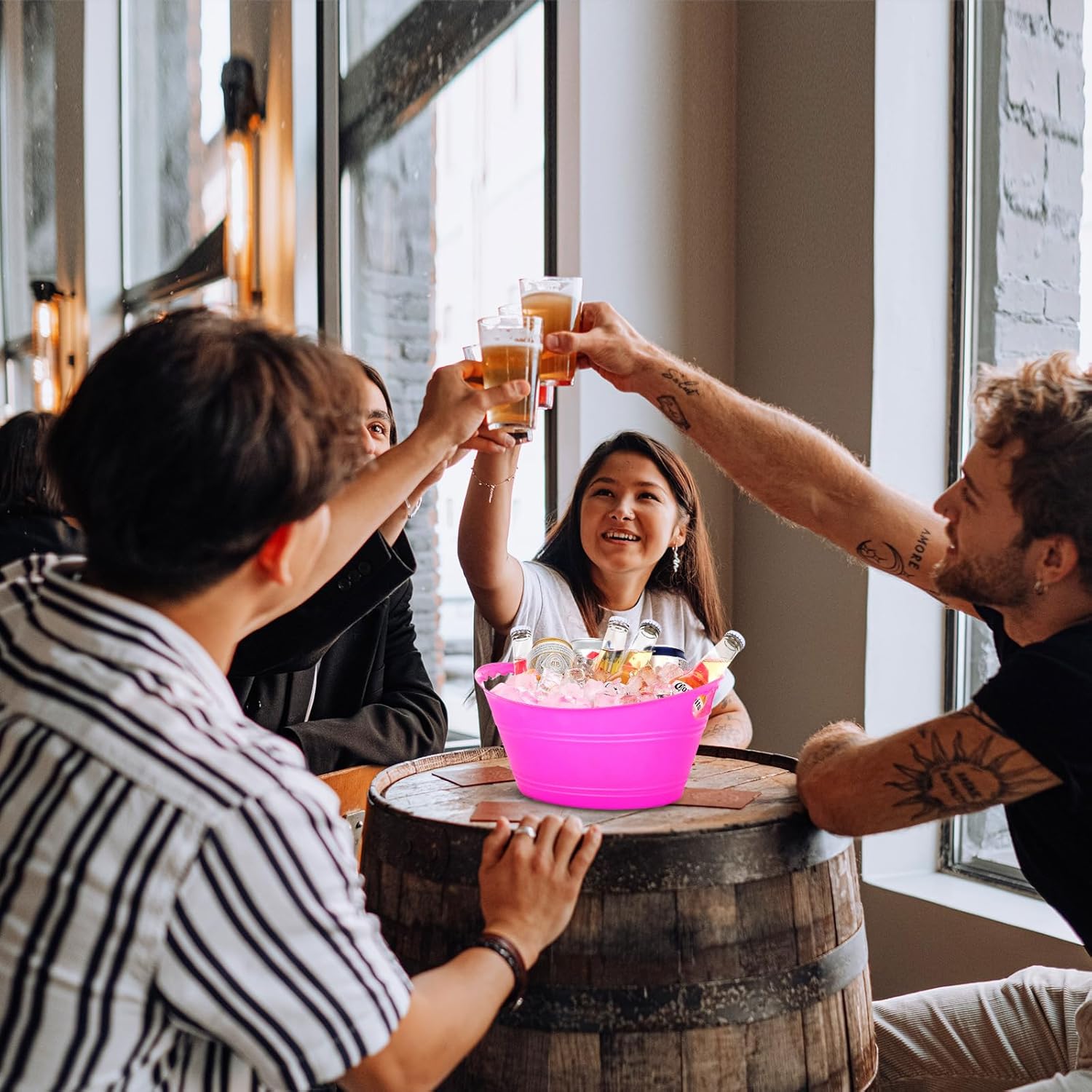 8 cubos de hielo, cubos de hielo de plástico para fiestas, cubos de bebidas con asas, cubos de bebidas, recipiente de plástico ovalado para botellas
