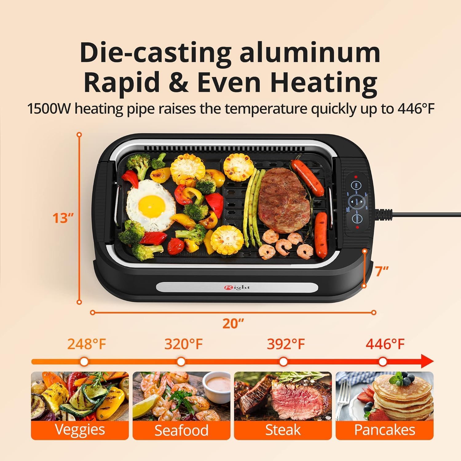 Parrilla de interior, parrilla eléctrica para interiores sin humo con tecnología de extractor de humo turbo, superficies de cocción antiadherentes,