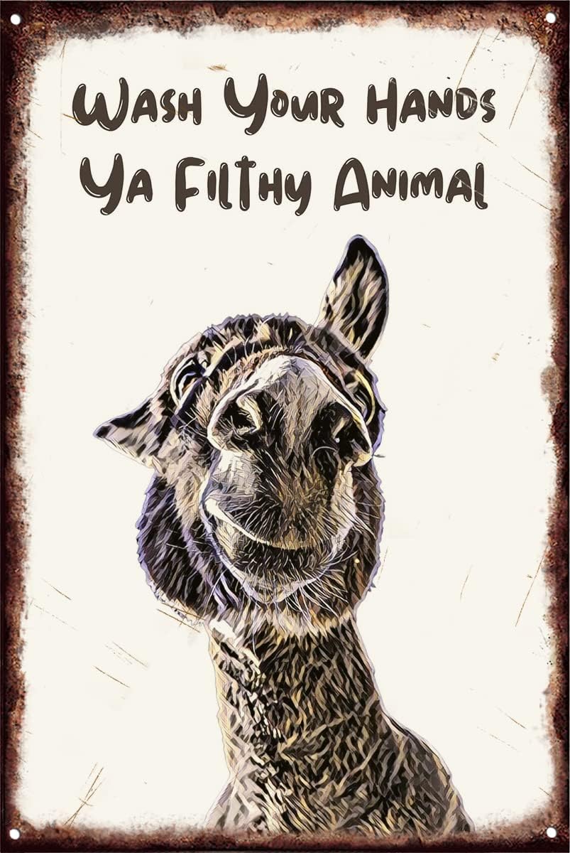 Wash Your Hands Ya Filthy Animal Donkey In Bathroom Decor Toilet Typografía divertida para baño, 5.5 x 8 pulgadas, arte retro de metal para pared,