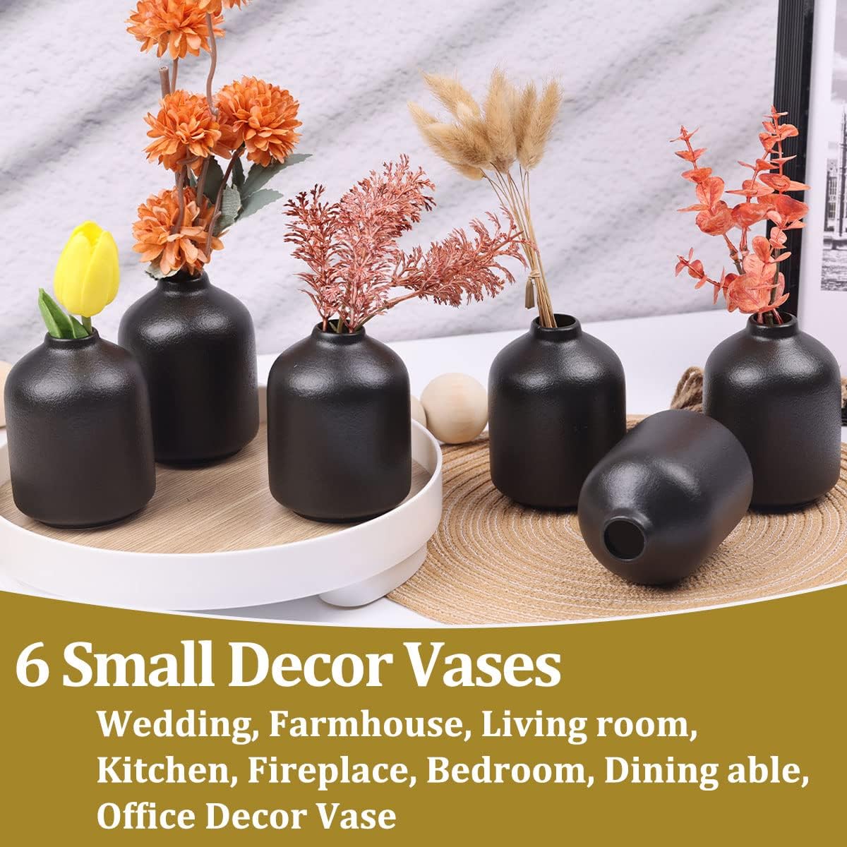 Paquete de 6 jarrones negros, modernos jarrones bohemios para flores secas, jarrones pequeños de cerámica negra para decoración del hogar, jarrones