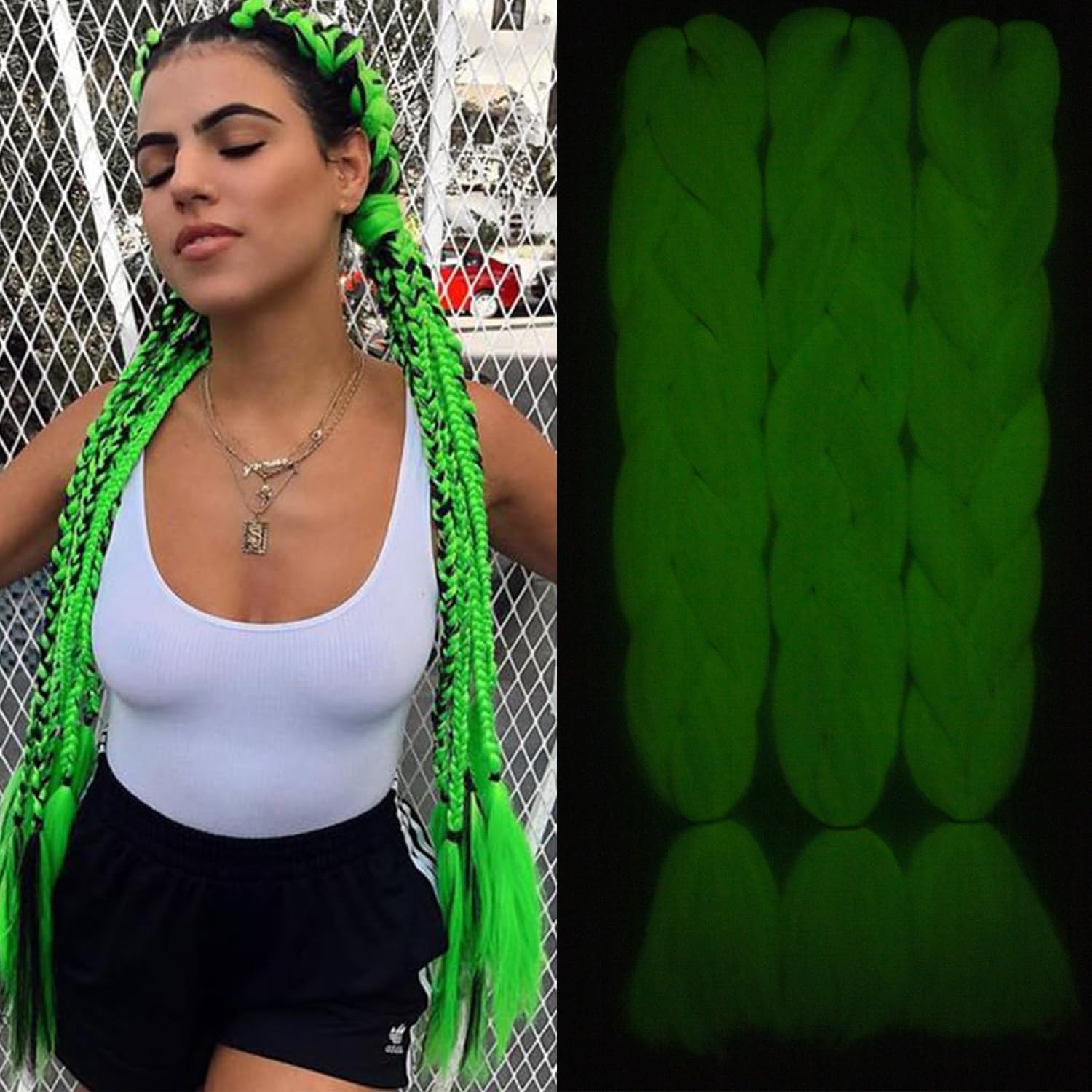 Extensiones de cabello trenzado Kanekalon verde lima que brilla en la oscuridad, 24 pulgadas, 3 piezas, sin nudos, jumbo, trenzas de caja, cabello