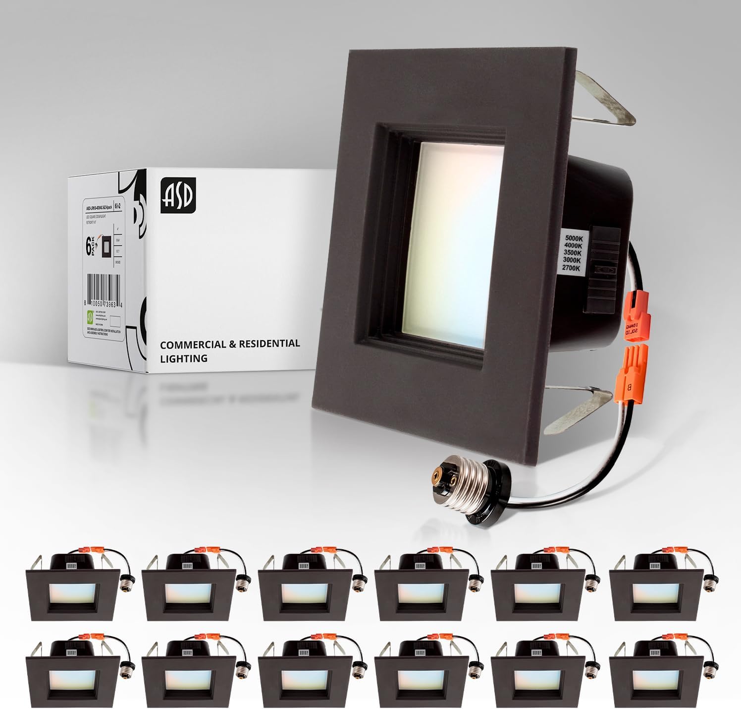 ASD Kit de reequipamiento de luces LED empotrables de bronce de 4 pulgadas cuadrado 5CCT 2700K 3000K 3500K 4000K 5000K Color ajustable 9W 709LM