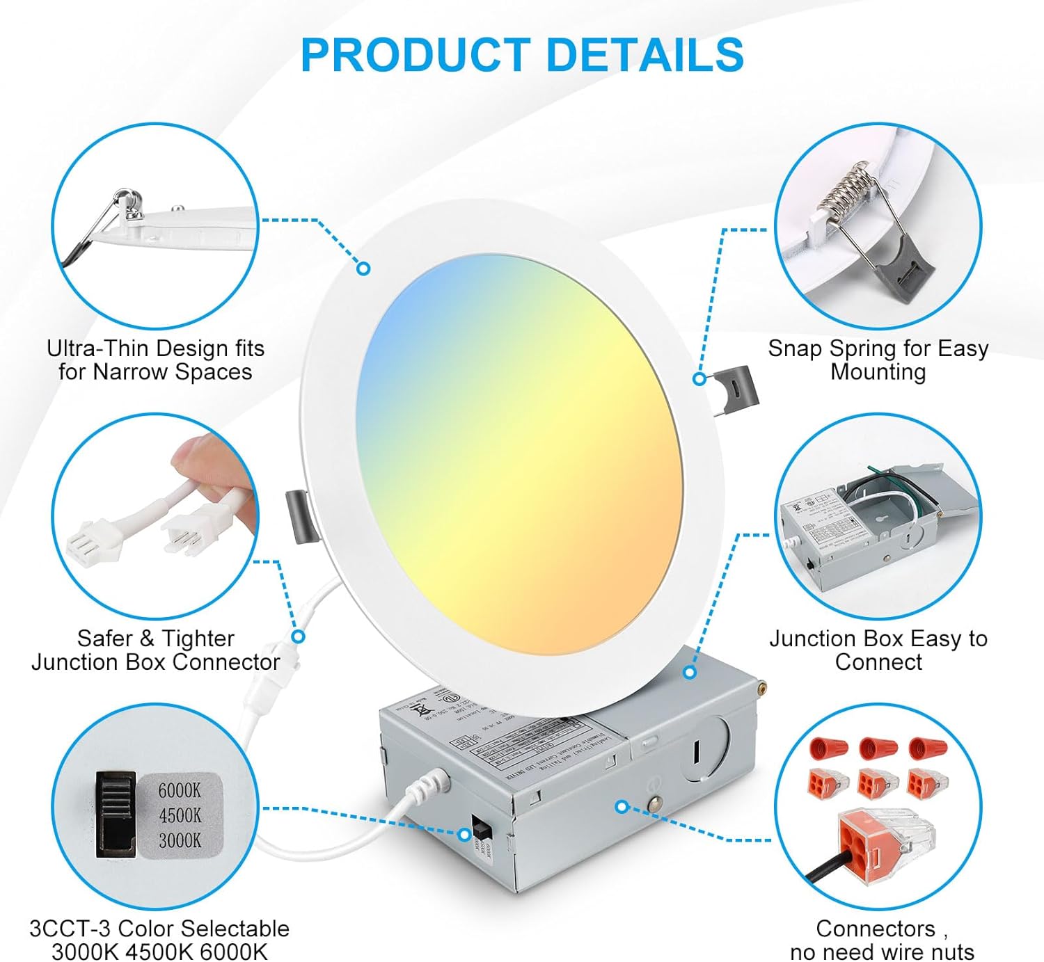 Paquete de 6 luces empotrables LED ultrafinas 3CCT de 7 pulgadas con caja de conexiones, 3000 K4500 K6000 K seleccionables, 18 W Eqv 125 W, luz