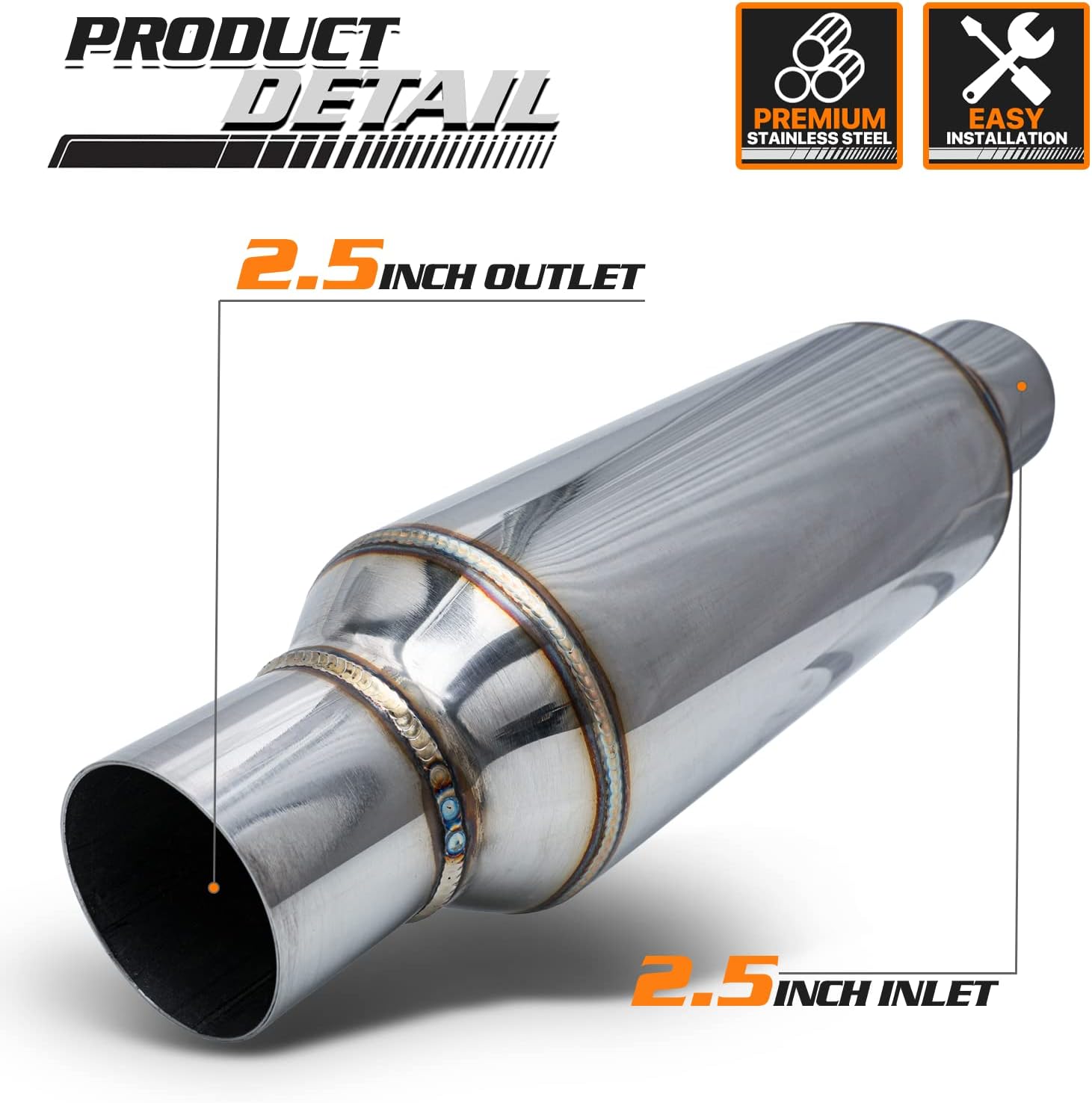 M-AUTO Silenciador de una sola cámara, entrada y salida interior de 2.5 pulgadas, conjunto de silenciador universal de acero inoxidable, longitud