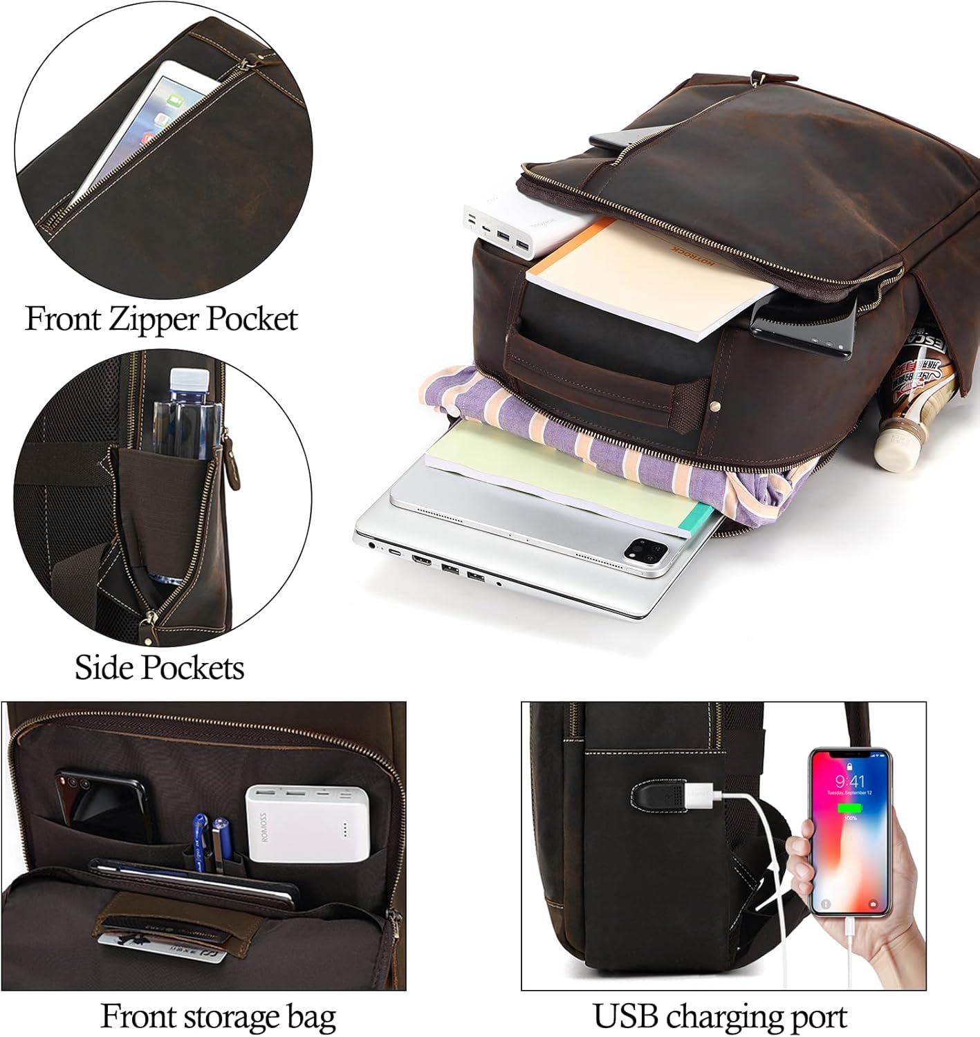 Mochila de cuero para computadora portátil para hombre, viaje de negocios, mochila de hombro de gran capacidad con puerto de carga USB, bolsas de