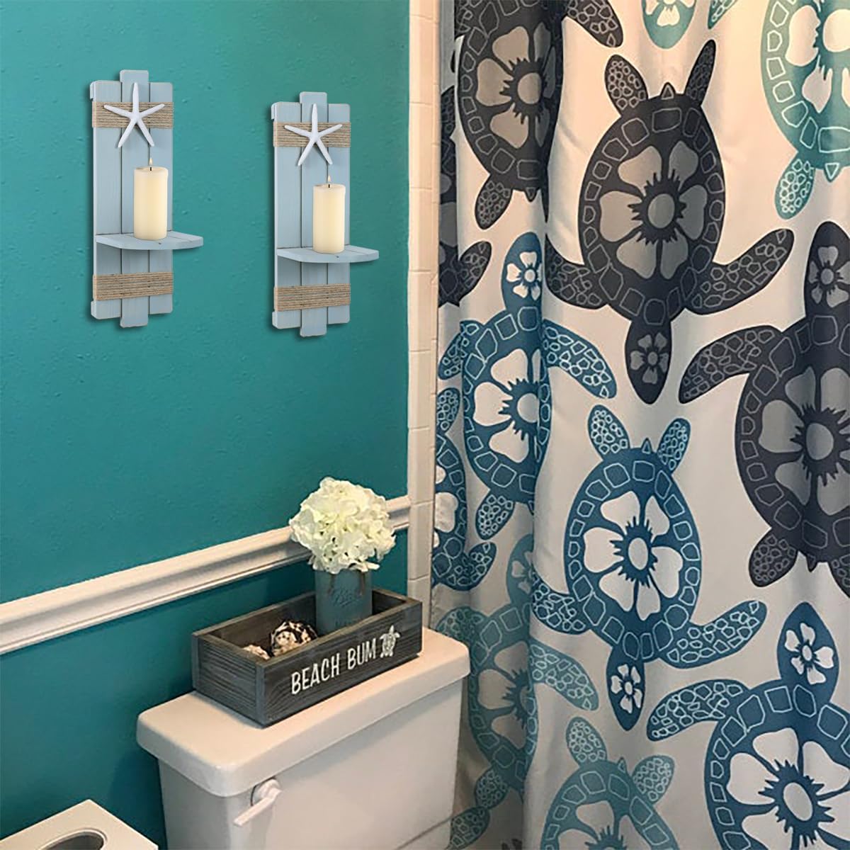 SOMTO Juego de 2 candelabros de pared con diseño de estrella de mar de playa, decoración de pared con temática náutica, portavelas de pared,