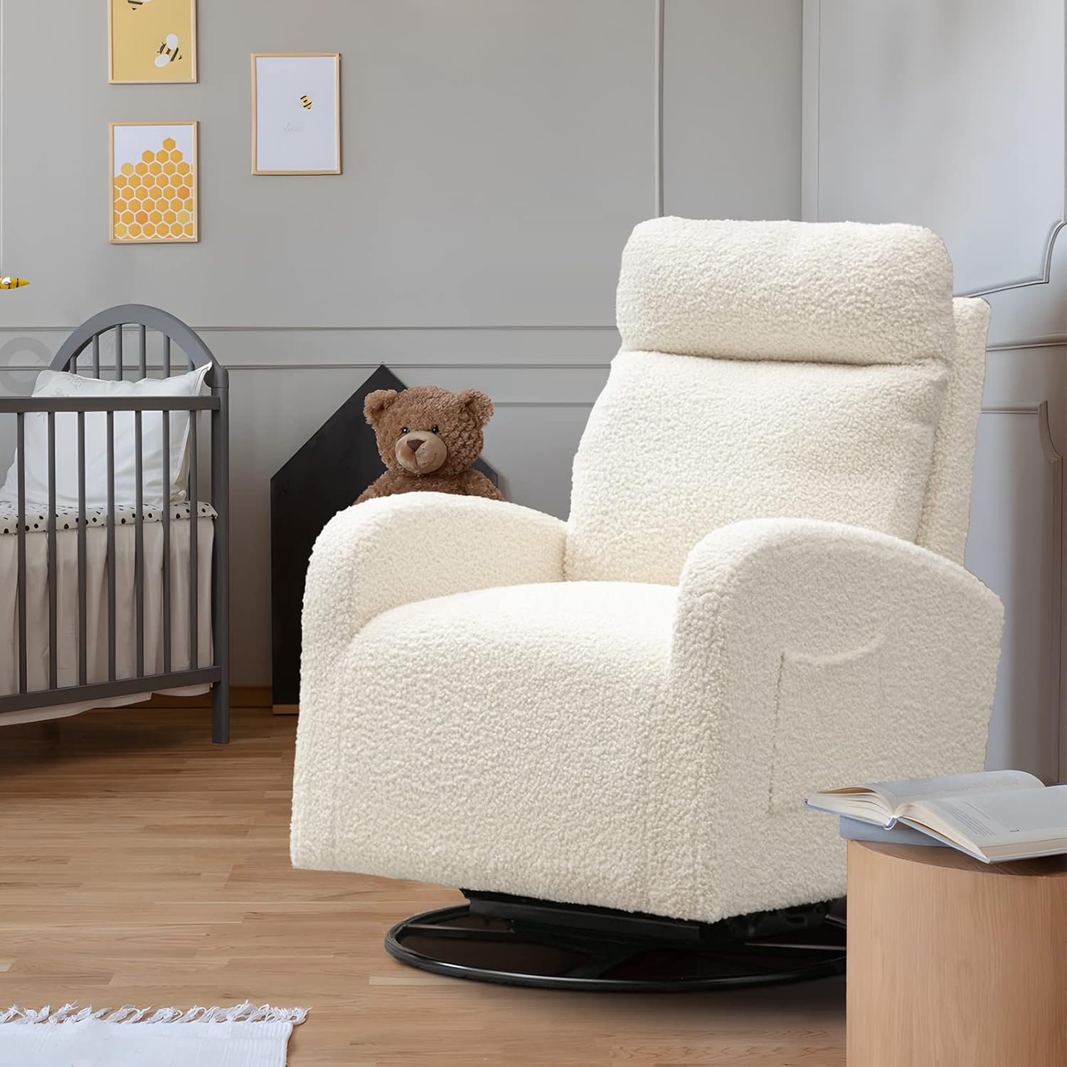 Antetek Silla giratoria deslizante, silla giratoria de 360 grados con respaldo alto, silla moderna de tela de peluche para guardería, sala de estar,